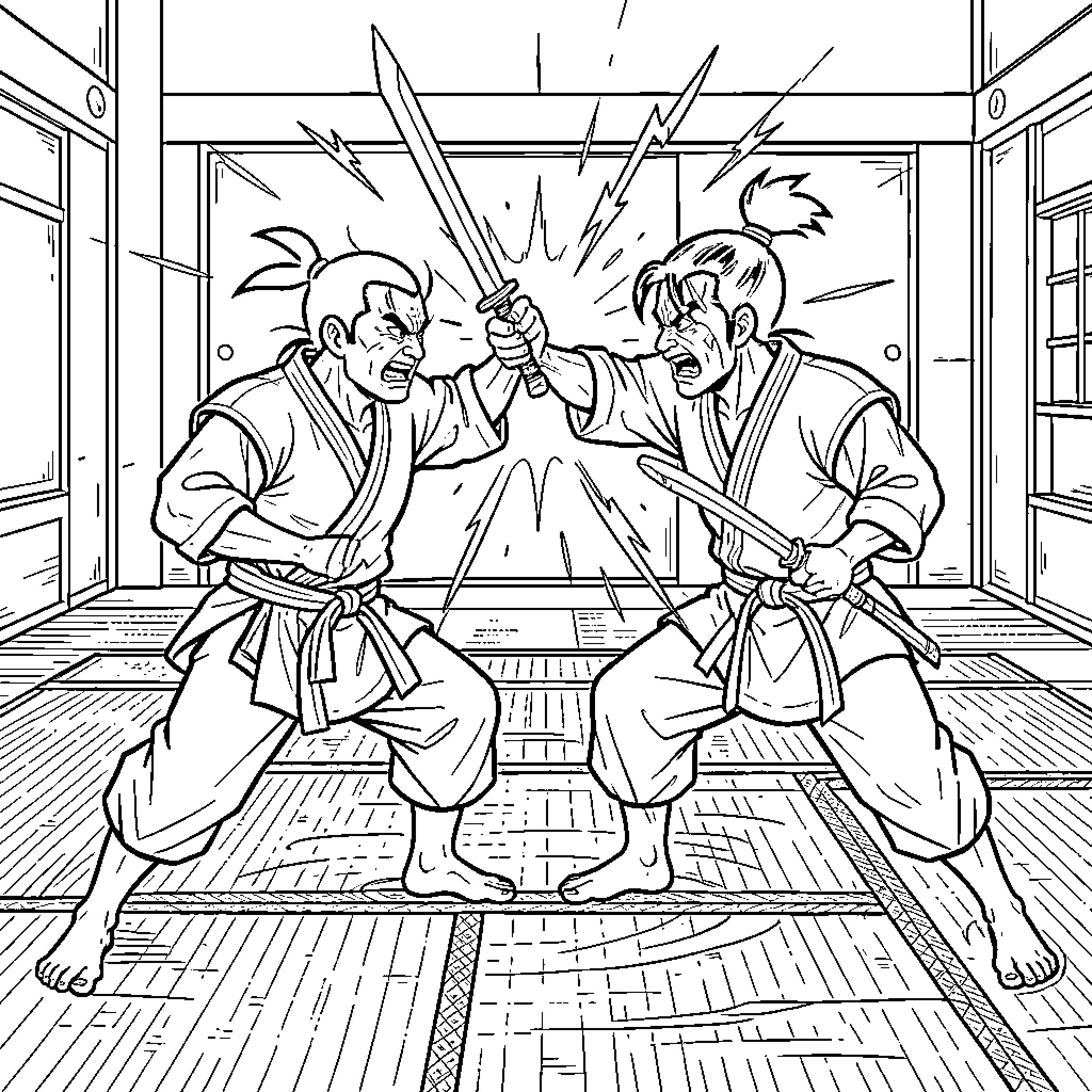 Judoman warriors fighting with swords in a dojo Coloring Page (free black-and-white line drawing printable PDF for all, from beginners to advanced learners, including children, teens, adults, and seniors)