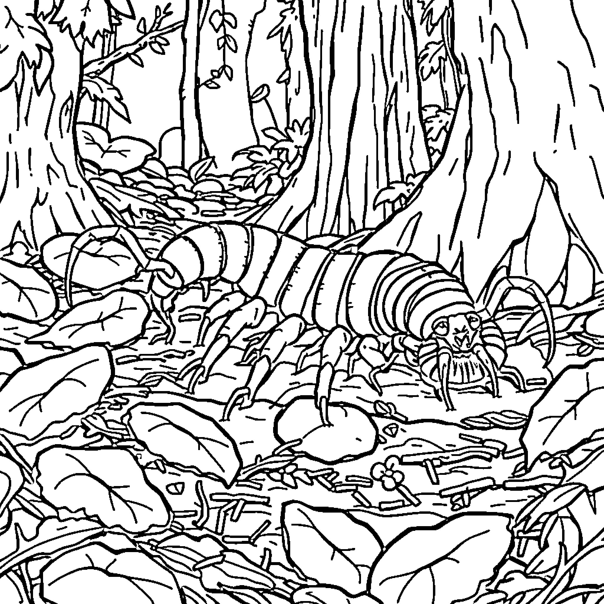 Scolopendra in the Enchanted Forest Coloring Page (free black-and-white line drawing printable PDF for all, from beginners to advanced learners, including children, teens, adults, and seniors)