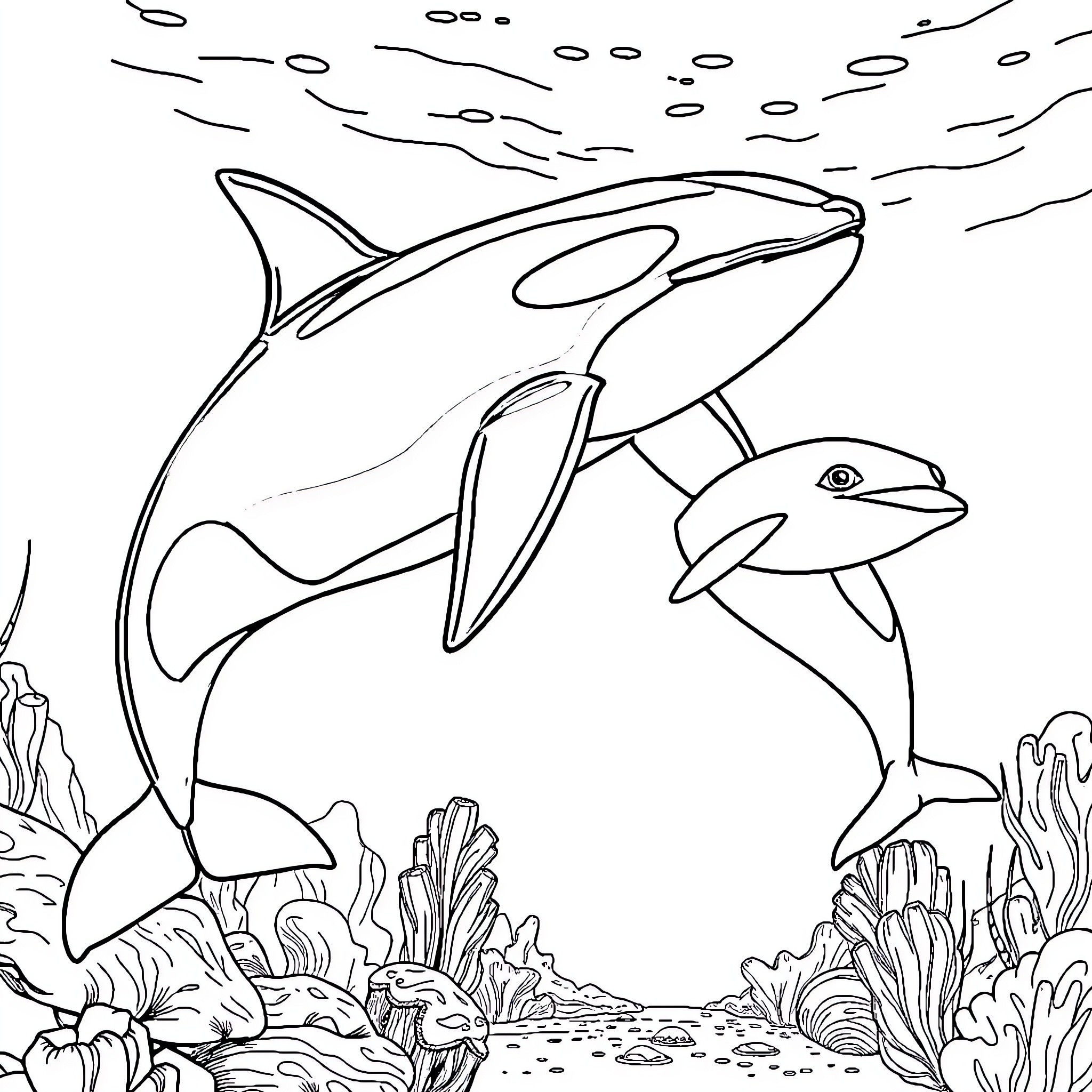 Killer Whale hunting underwater with companion Coloring Page (free black-and-white line drawing printable PDF for all, from beginners to advanced learners, including children, teens, adults, and seniors)