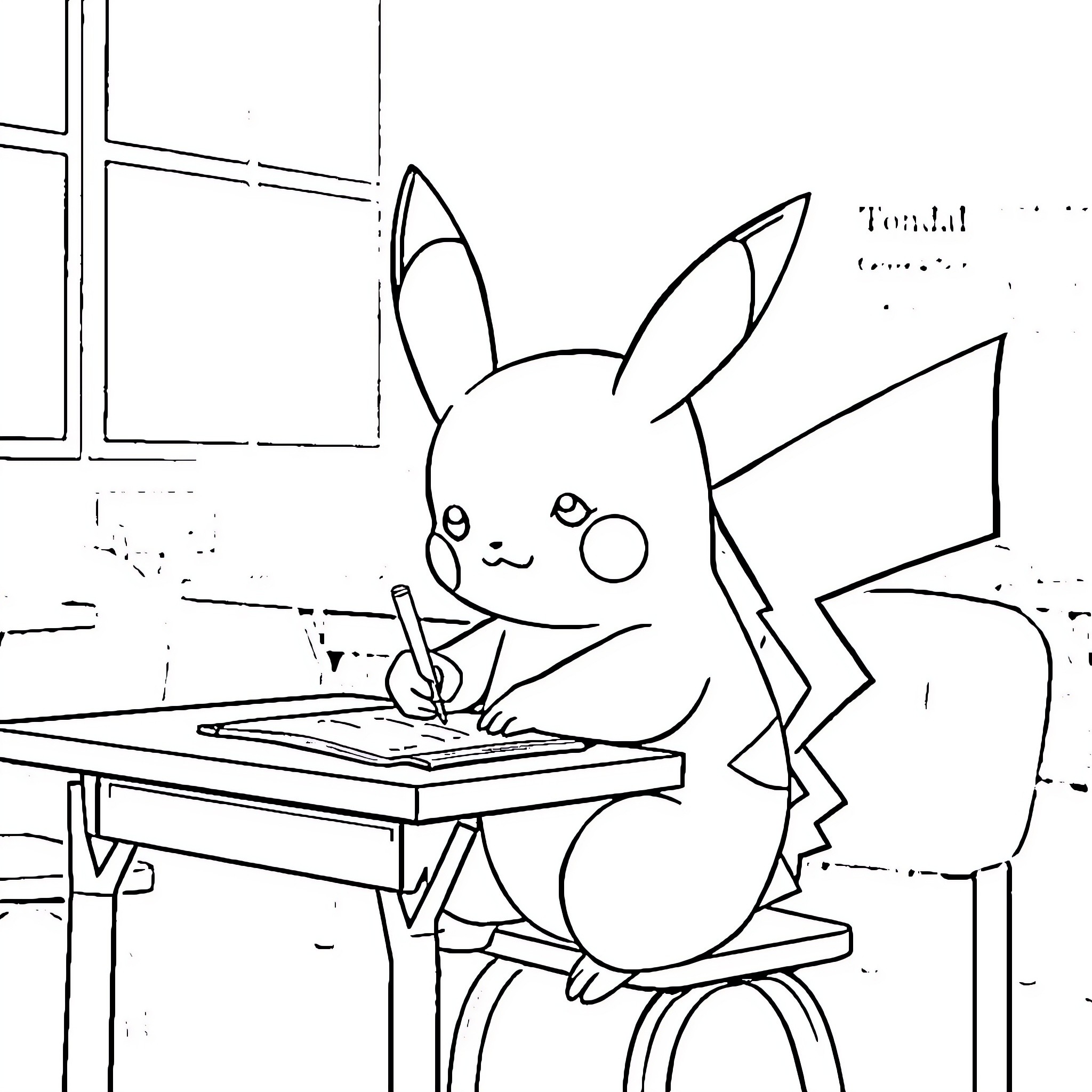 Pikachu drawing in a classroom Coloring Page (free black-and-white line drawing printable PDF for all, from beginners to advanced learners, including children, teens, adults, and seniors)