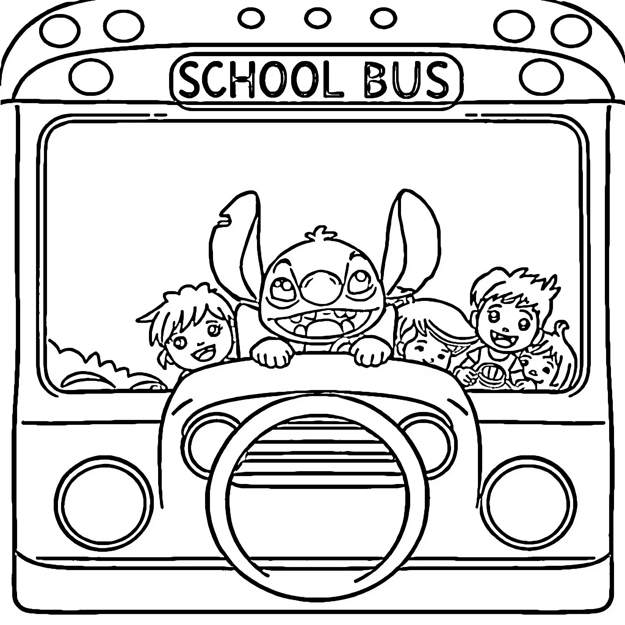 Stitch and friends ride the school bus Coloring Page (free black-and-white line drawing printable PDF for all, from beginners to advanced learners, including children, teens, adults, and seniors)