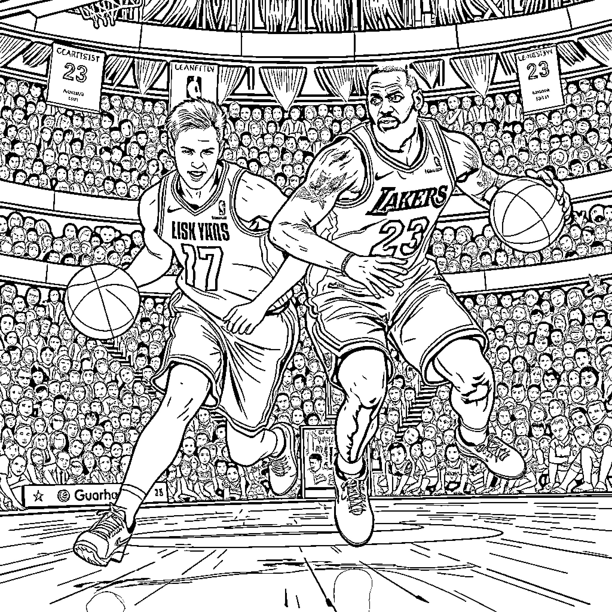 Basketball players competing on the court Coloring Page (free black-and-white line drawing printable PDF for all, from beginners to advanced learners, including children, teens, adults, and seniors)