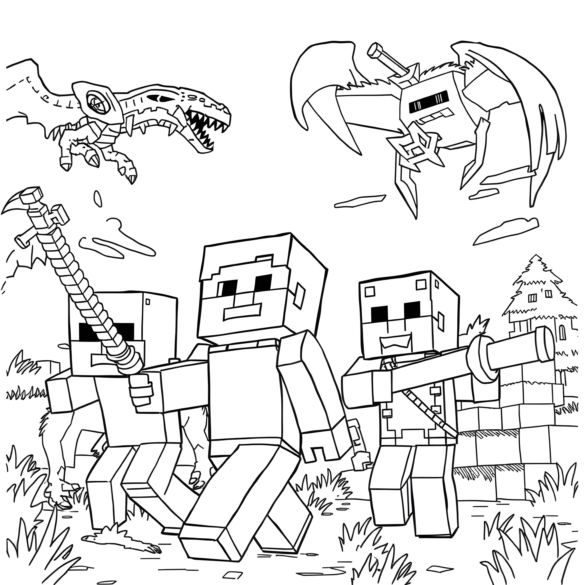 Minecraft characters exploring a fantasy world with dragons Coloring Page (free black-and-white line drawing printable PDF for all, from beginners to advanced learners, including children, teens, adults, and seniors)