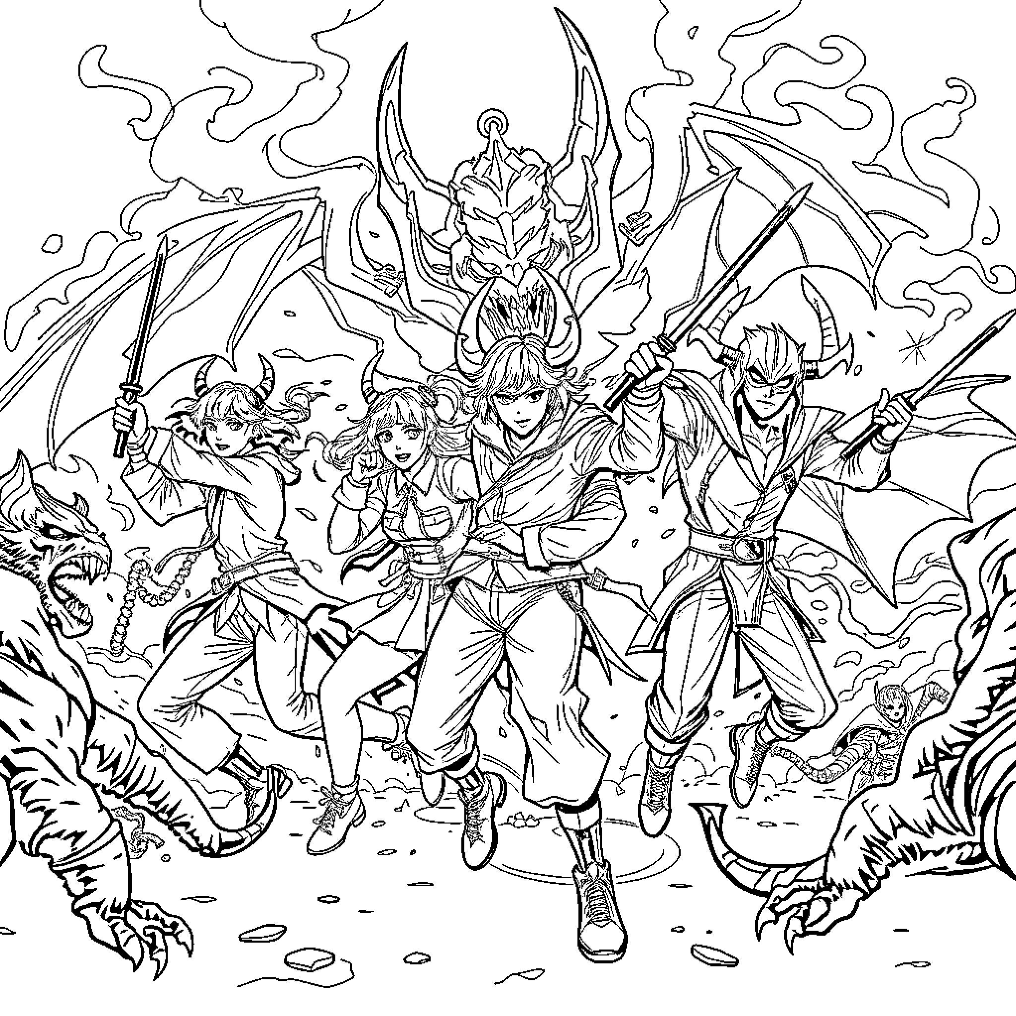 Demon Hunter's Heroic Charge into Battle Coloring Page (free black-and-white line drawing printable PDF for all, from beginners to advanced learners, including children, teens, adults, and seniors)