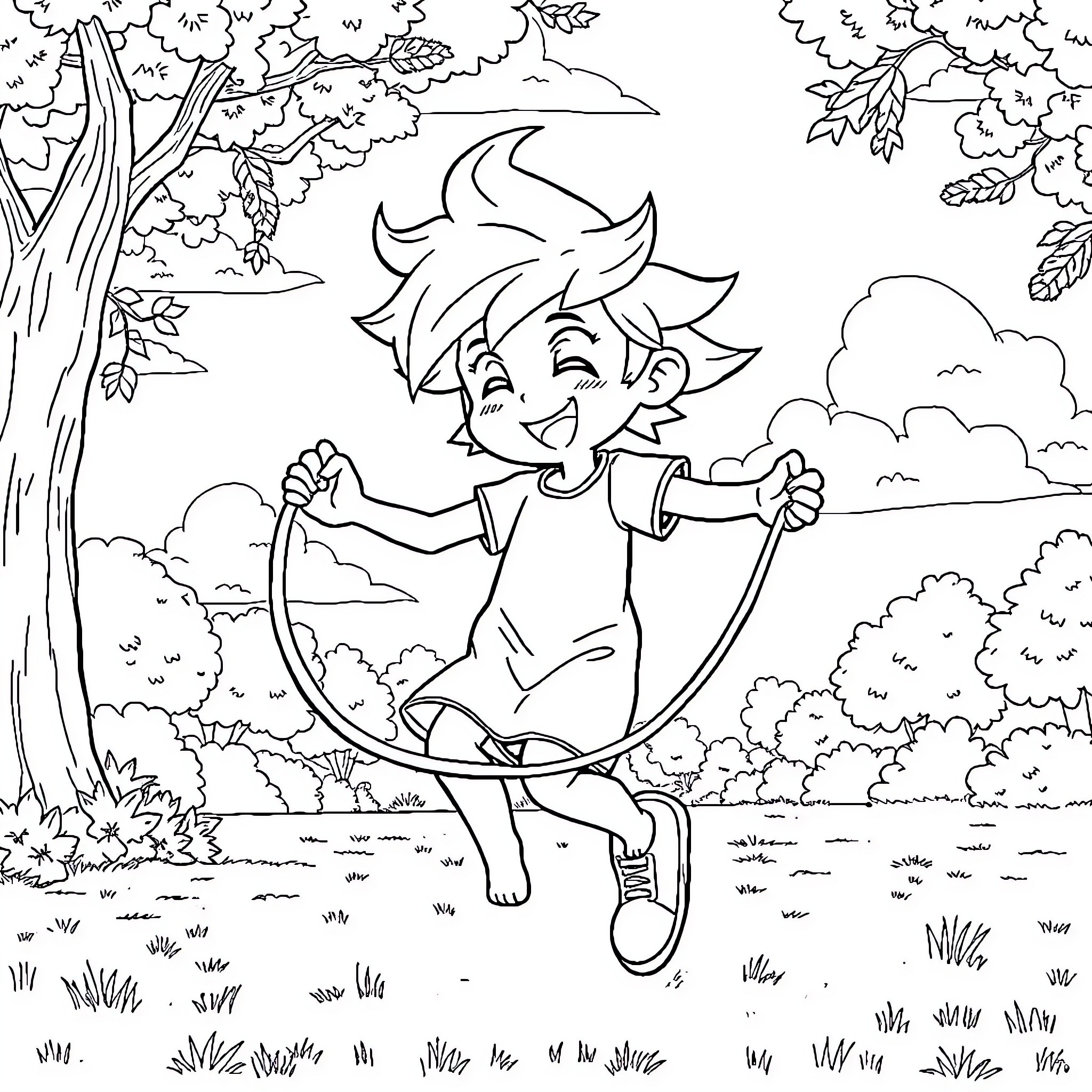 Cloud Strife swinging happily on a tree branch Coloring Page (free black-and-white line drawing printable PDF for all, from beginners to advanced learners, including children, teens, adults, and seniors)