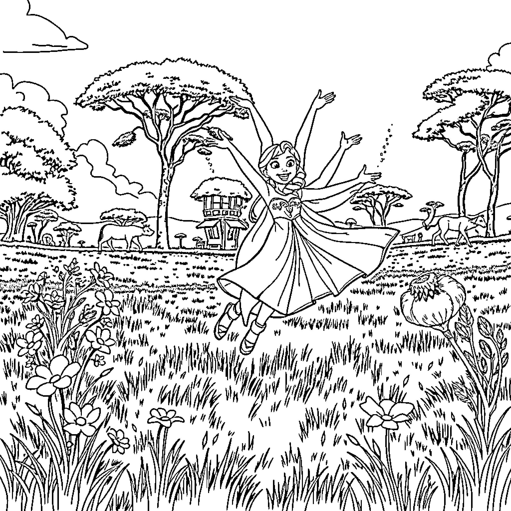 Elsa's joyful dance in the enchanting African savanna Coloring Page (free black-and-white line drawing printable PDF for all, from beginners to advanced learners, including children, teens, adults, and seniors)