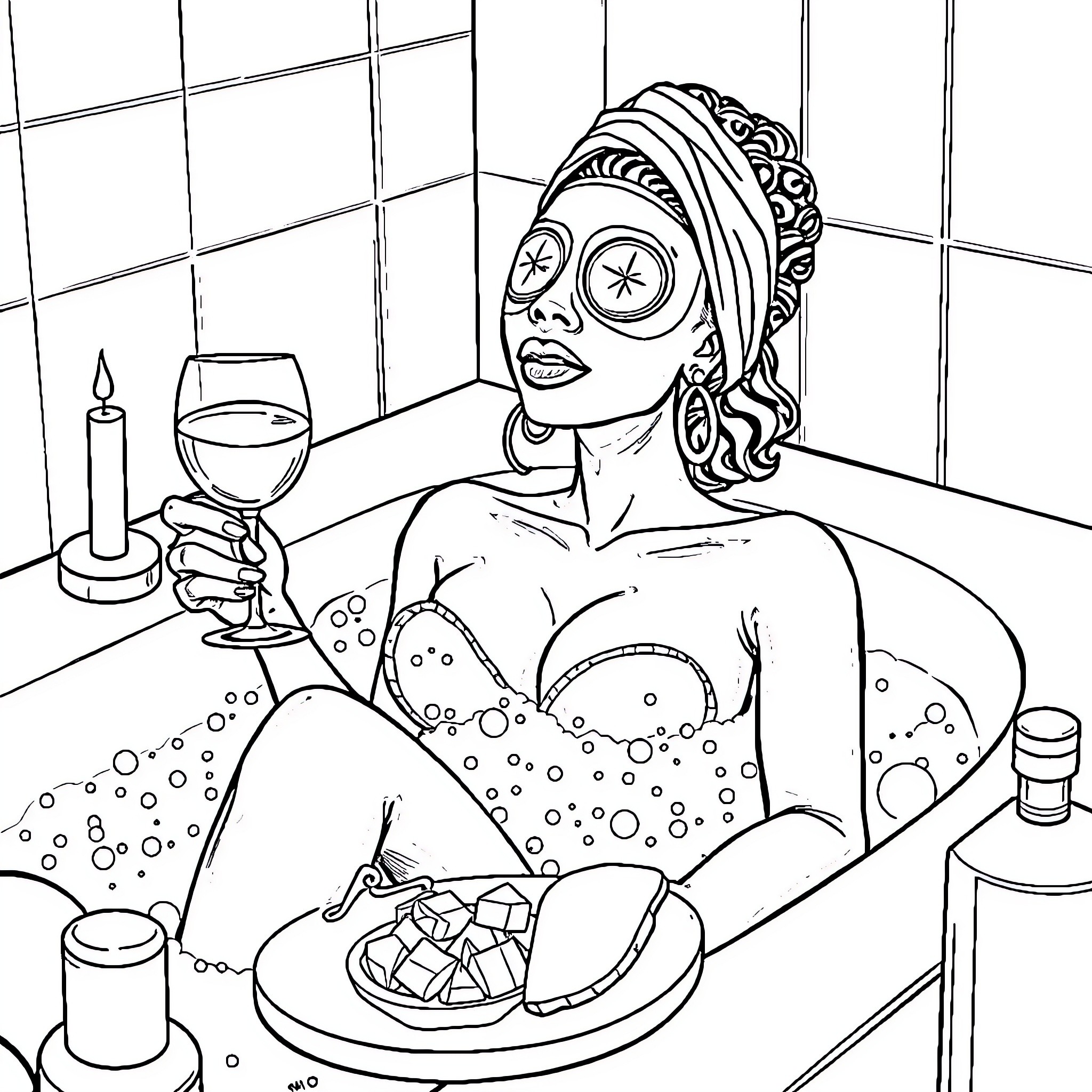 Queen Relaxing in Luxurious Bath Coloring Page (free black-and-white line drawing printable PDF for all, from beginners to advanced learners, including children, teens, adults, and seniors)