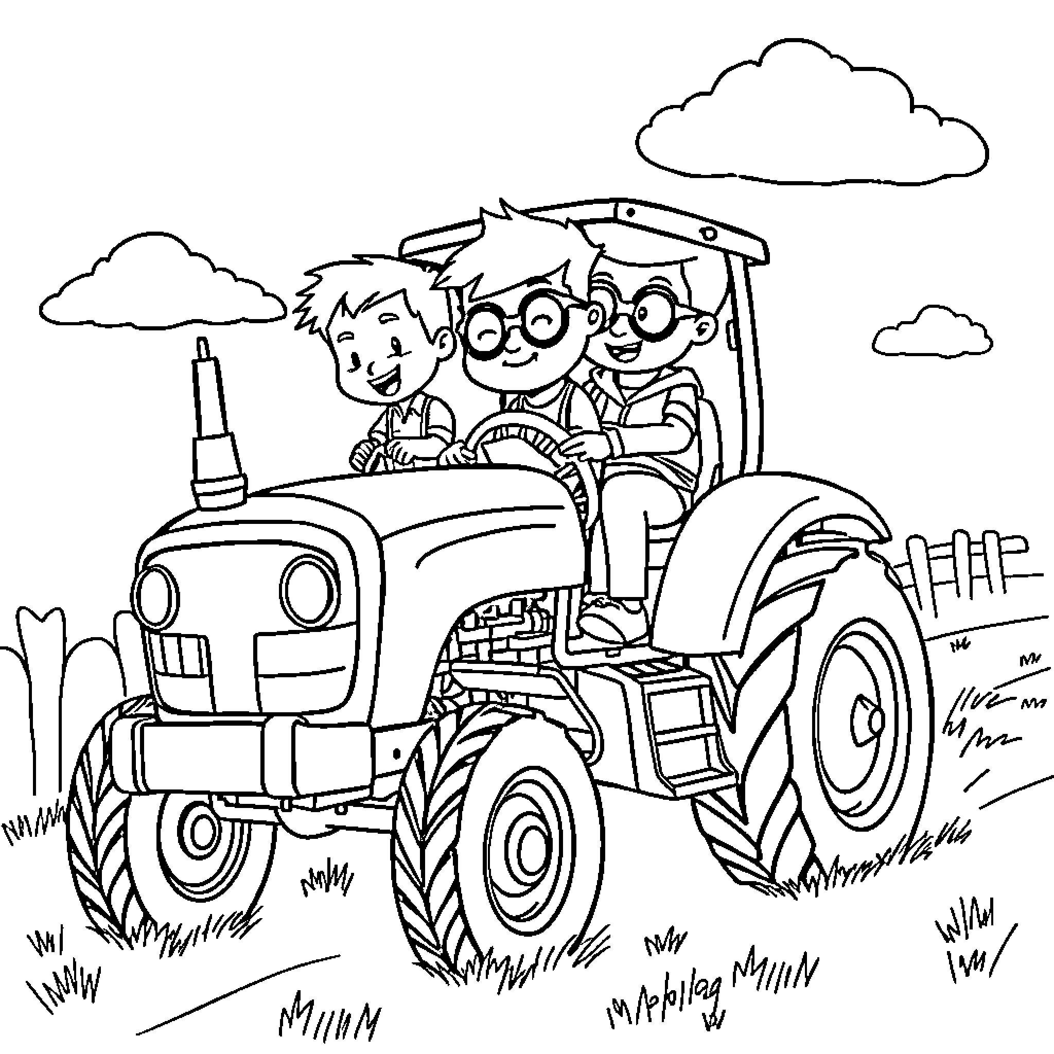 Superthings friends riding on a tractor Coloring Page (free black-and-white line drawing printable PDF for all, from beginners to advanced learners, including children, teens, adults, and seniors)