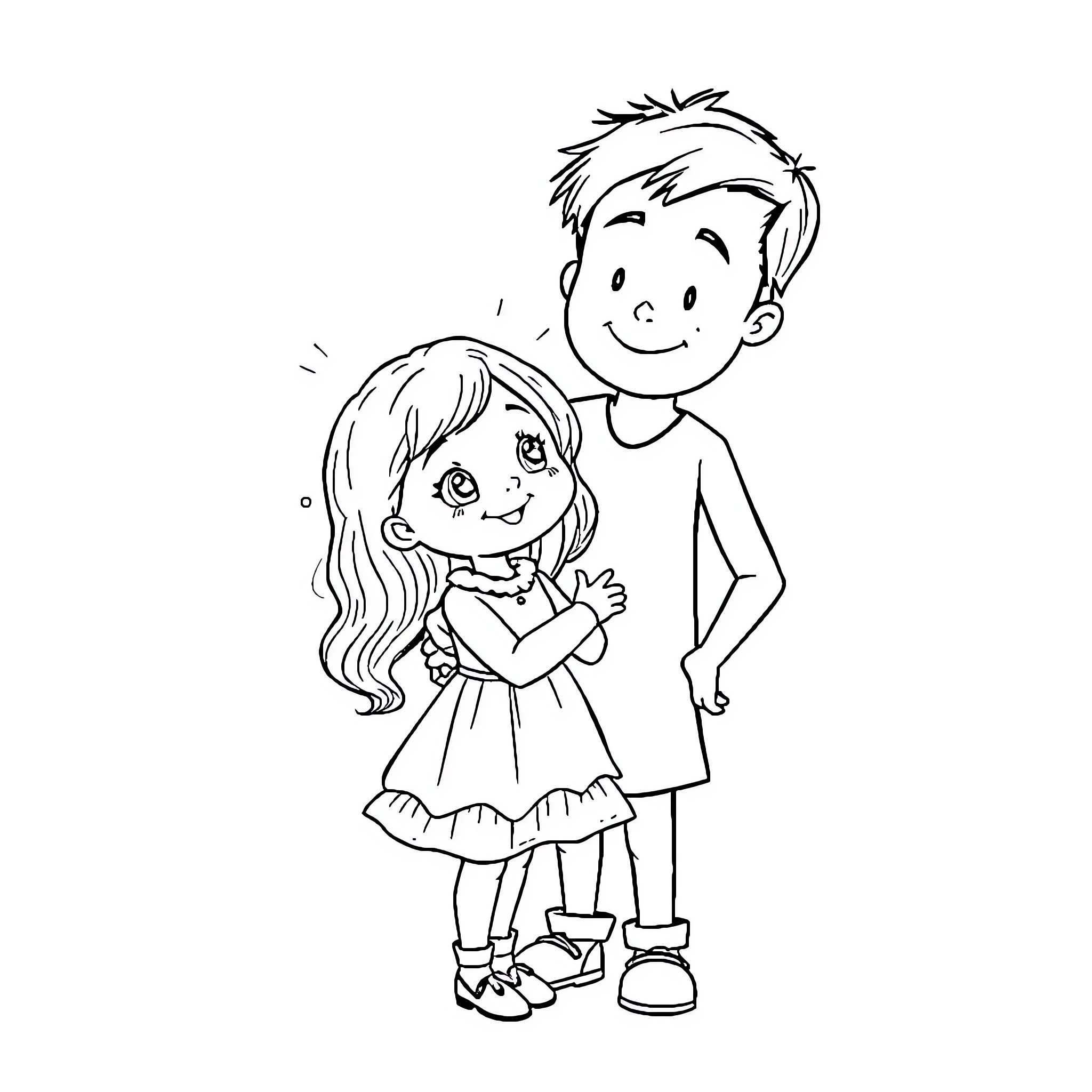 Fille and Boy Embrace with Affection Coloring Page (free black-and-white line drawing printable PDF for all, from beginners to advanced learners, including children, teens, adults, and seniors)