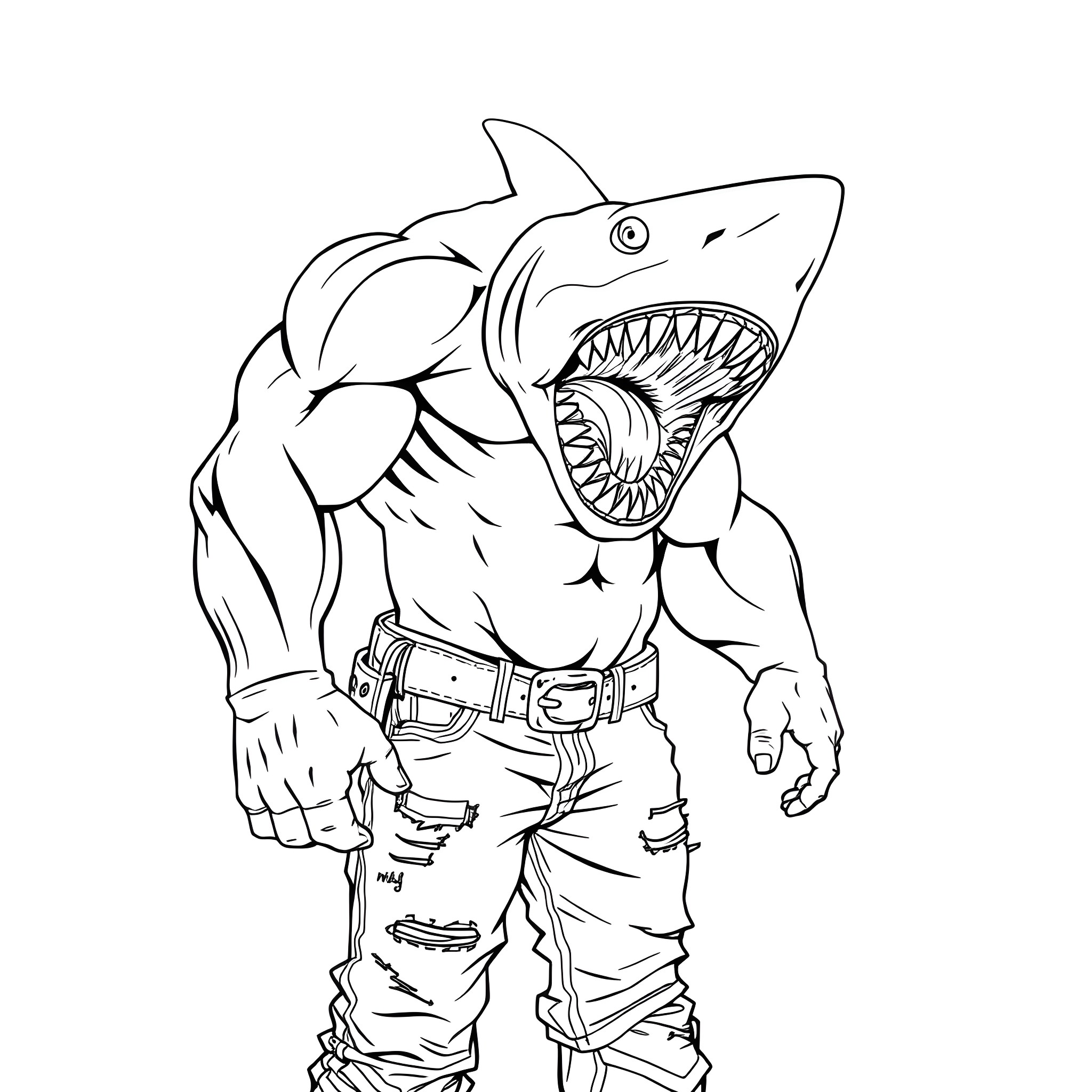 Shark superhero in action pose Coloring Page (free black-and-white line drawing printable PDF for all, from beginners to advanced learners, including children, teens, adults, and seniors)