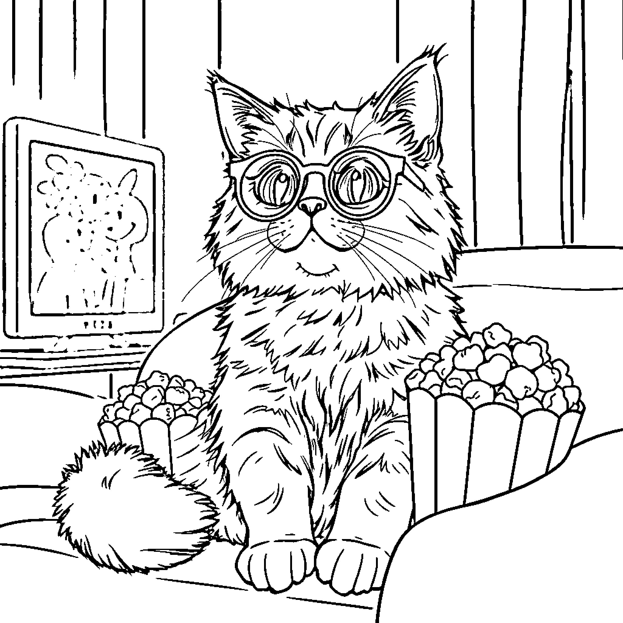 Cat in Glasses Watching Movie Coloring Page (free black-and-white line drawing printable PDF for all, from beginners to advanced learners, including children, teens, adults, and seniors)