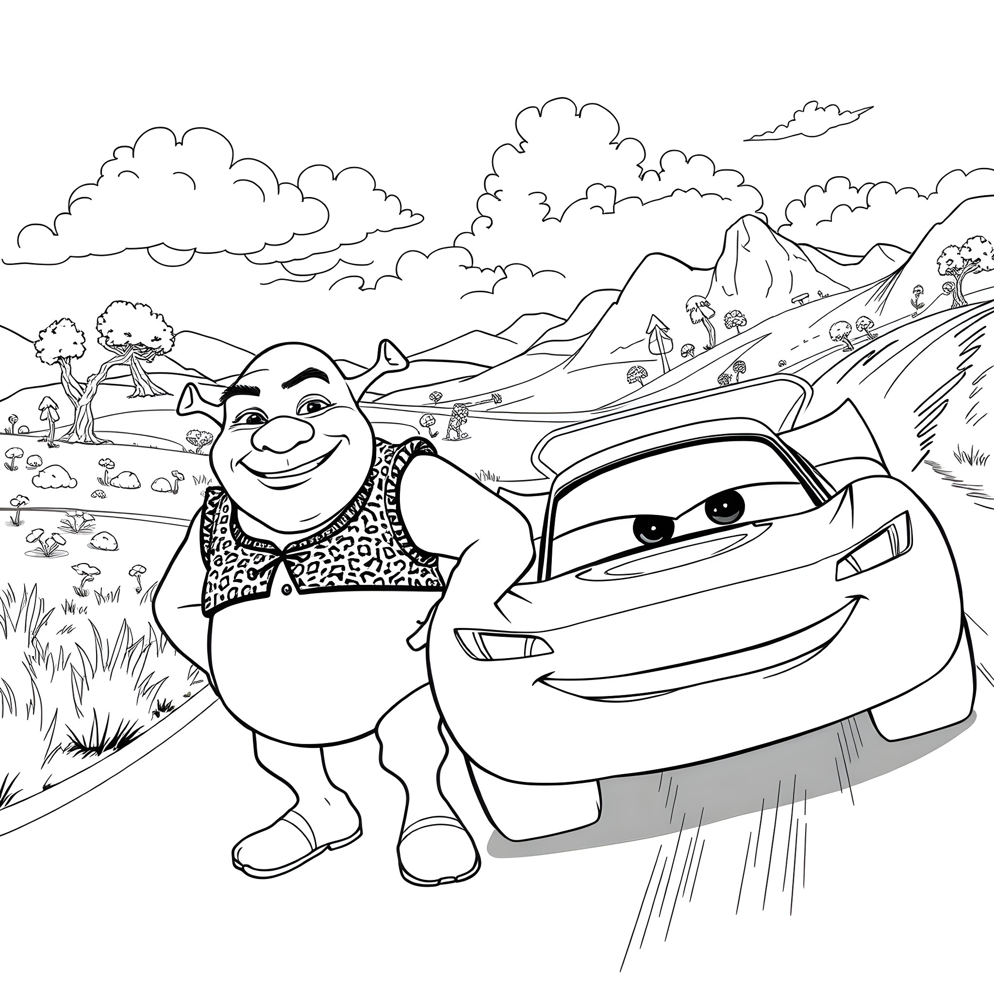 Shrek and the Talking Car in the Mountain Landscape Coloring Page (free black-and-white line drawing printable PDF for all, from beginners to advanced learners, including children, teens, adults, and seniors)