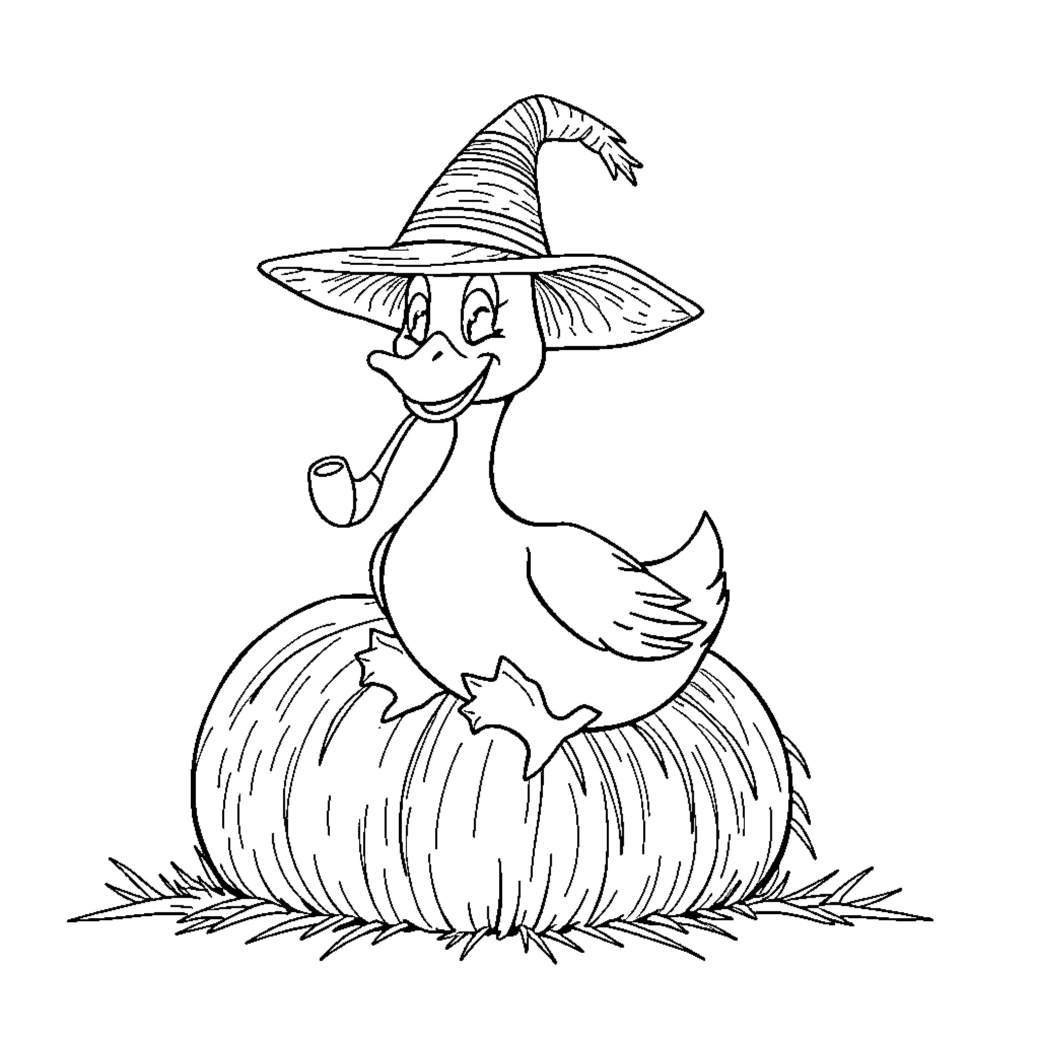 Duck wearing a whimsical witch hat Coloring Page (free black-and-white line drawing printable PDF for all, from beginners to advanced learners, including children, teens, adults, and seniors)