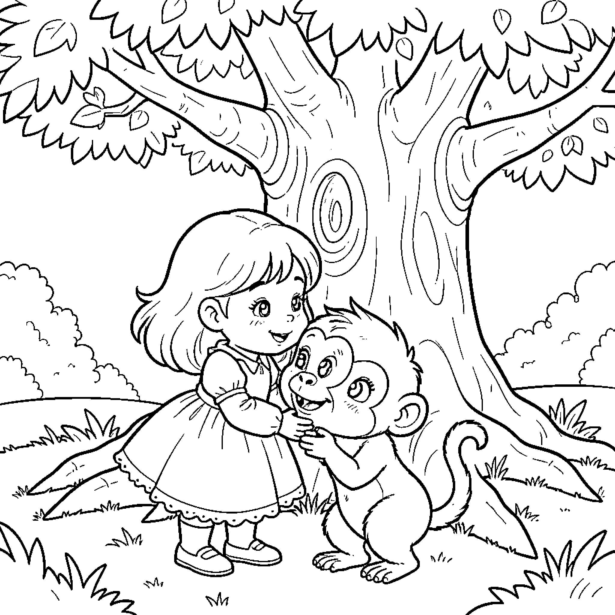 Dora hugging a small monkey under a large tree Coloring Page (free black-and-white line drawing printable PDF for all, from beginners to advanced learners, including children, teens, adults, and seniors)