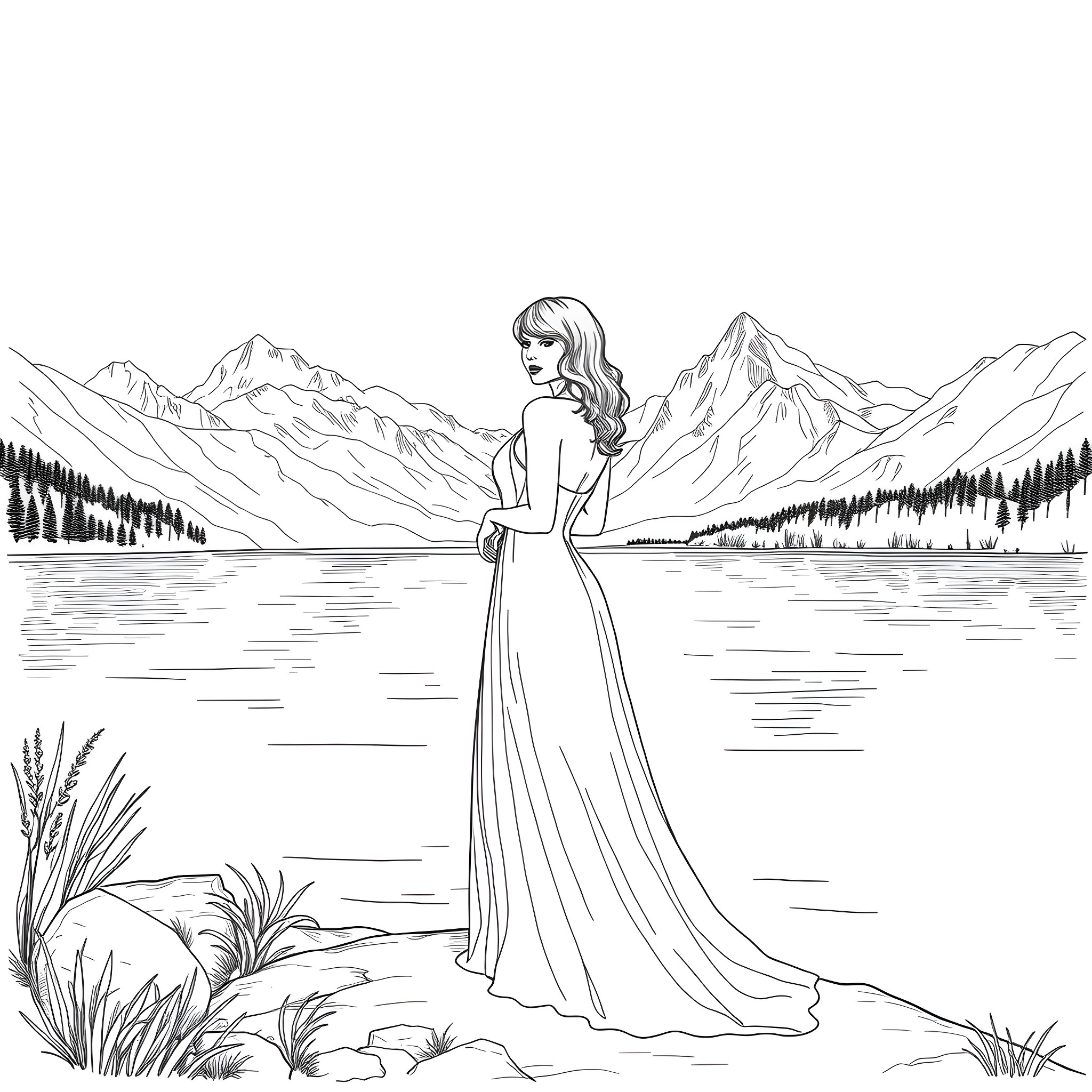 Taylor Swift in a serene mountain landscape Coloring Page (free black-and-white line drawing printable PDF for all, from beginners to advanced learners, including children, teens, adults, and seniors)
