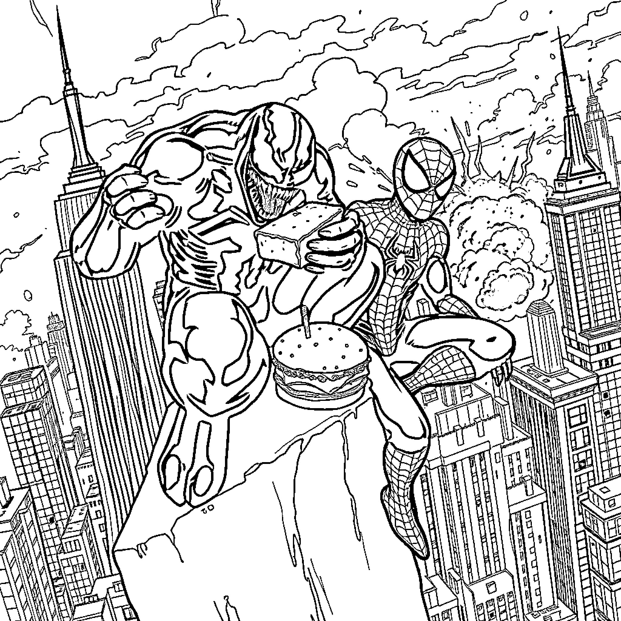 Venom and Spider-Man in an epic battle over the city Coloring Page (free black-and-white line drawing printable PDF for all, from beginners to advanced learners, including children, teens, adults, and seniors)