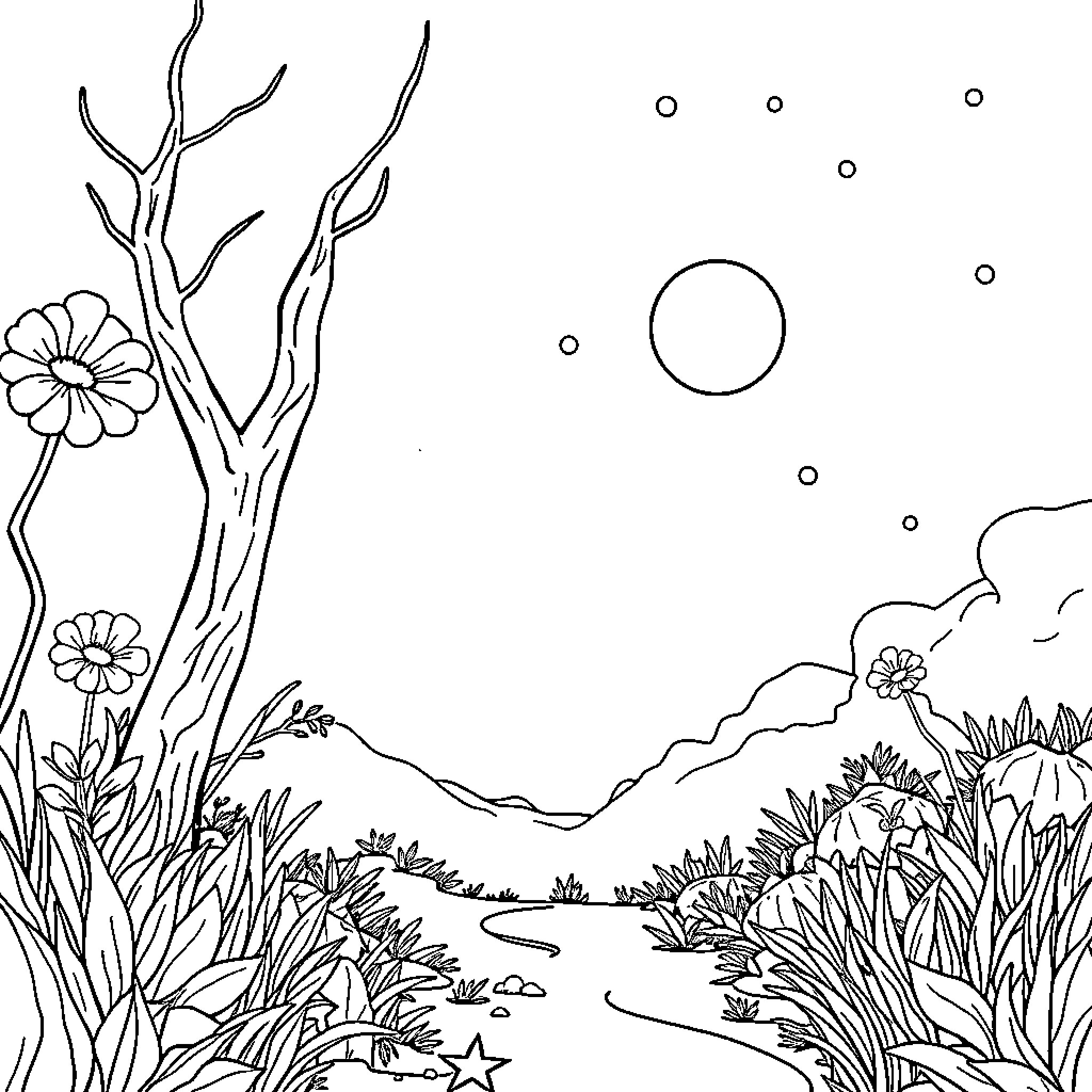 Floral landscape with branches and nature Coloring Page (free black-and-white line drawing printable PDF for all, from beginners to advanced learners, including children, teens, adults, and seniors)