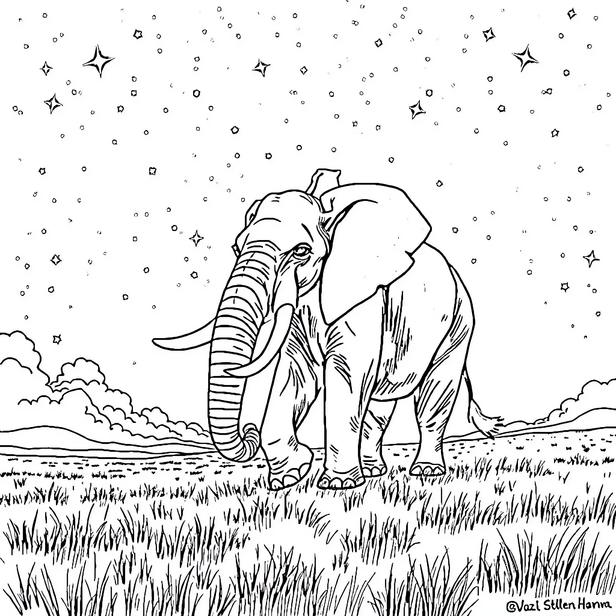 Elephant standing majestically under the starry night sky Coloring Page (free black-and-white line drawing printable PDF for all, from beginners to advanced learners, including children, teens, adults, and seniors)