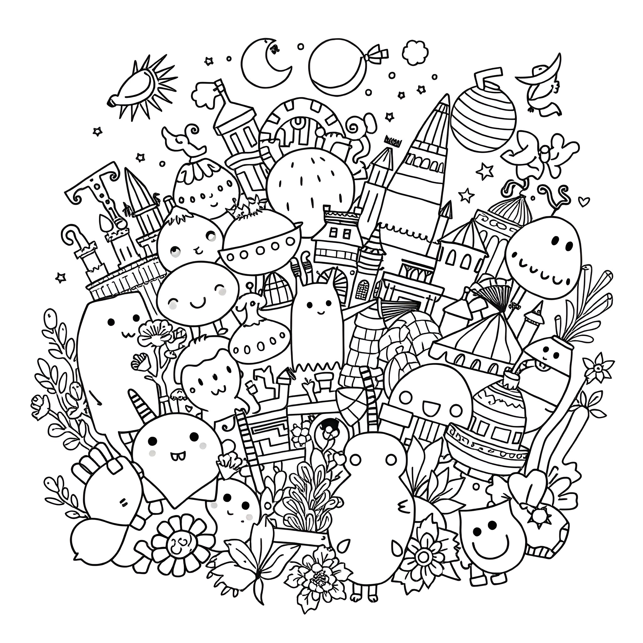 Anything whimsical and imaginative creatures in a fantasy world Coloring Page (free black-and-white line drawing printable PDF for all, from beginners to advanced learners, including children, teens, adults, and seniors)