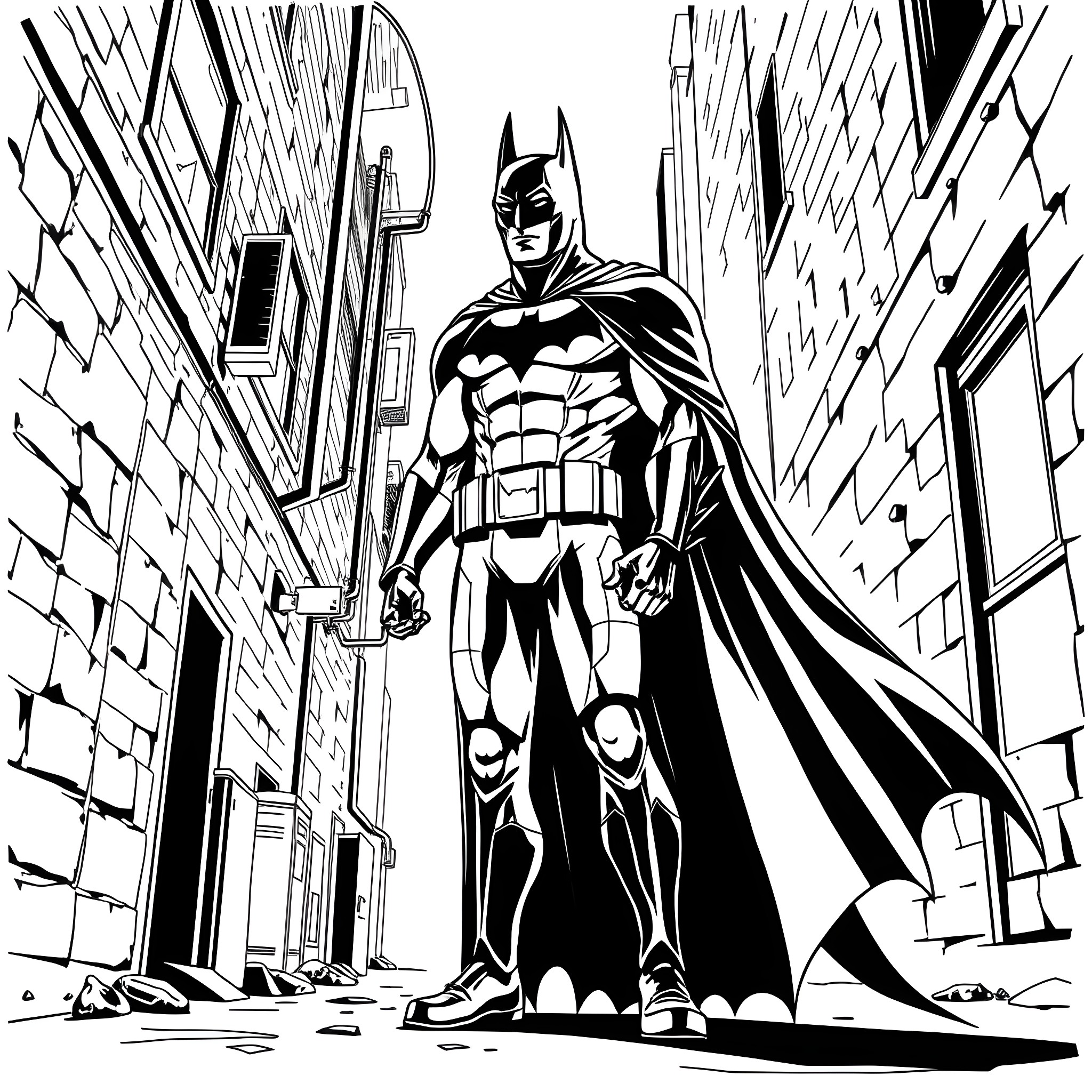Batman standing strong in a dark, gritty city Coloring Page (free black-and-white line drawing printable PDF for all, from beginners to advanced learners, including children, teens, adults, and seniors)