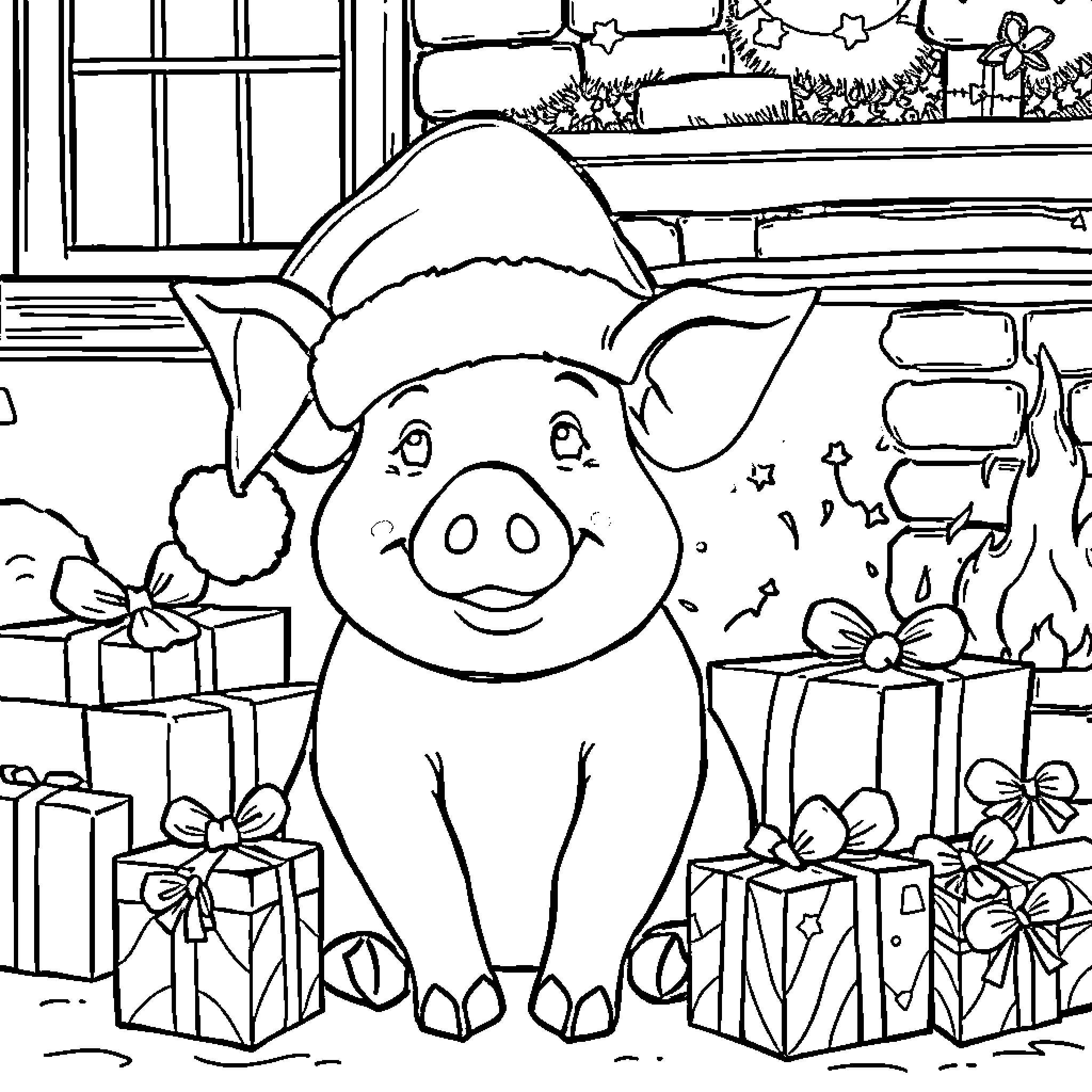 Pig in Christmas attire surrounded by gifts Coloring Page (free black-and-white line drawing printable PDF for all, from beginners to advanced learners, including children, teens, adults, and seniors)