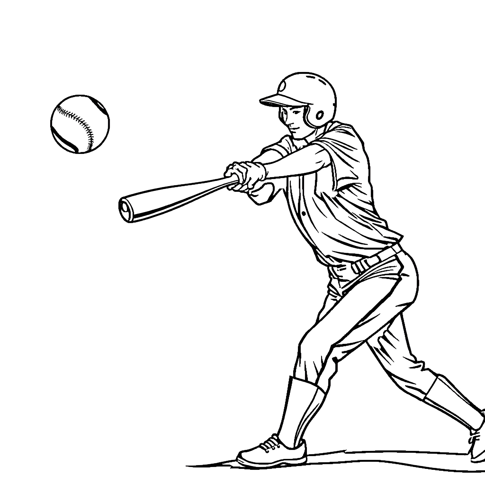 Baseball Player Hitting a Pitch Coloring Page (free black-and-white line drawing printable PDF for all, from beginners to advanced learners, including children, teens, adults, and seniors)