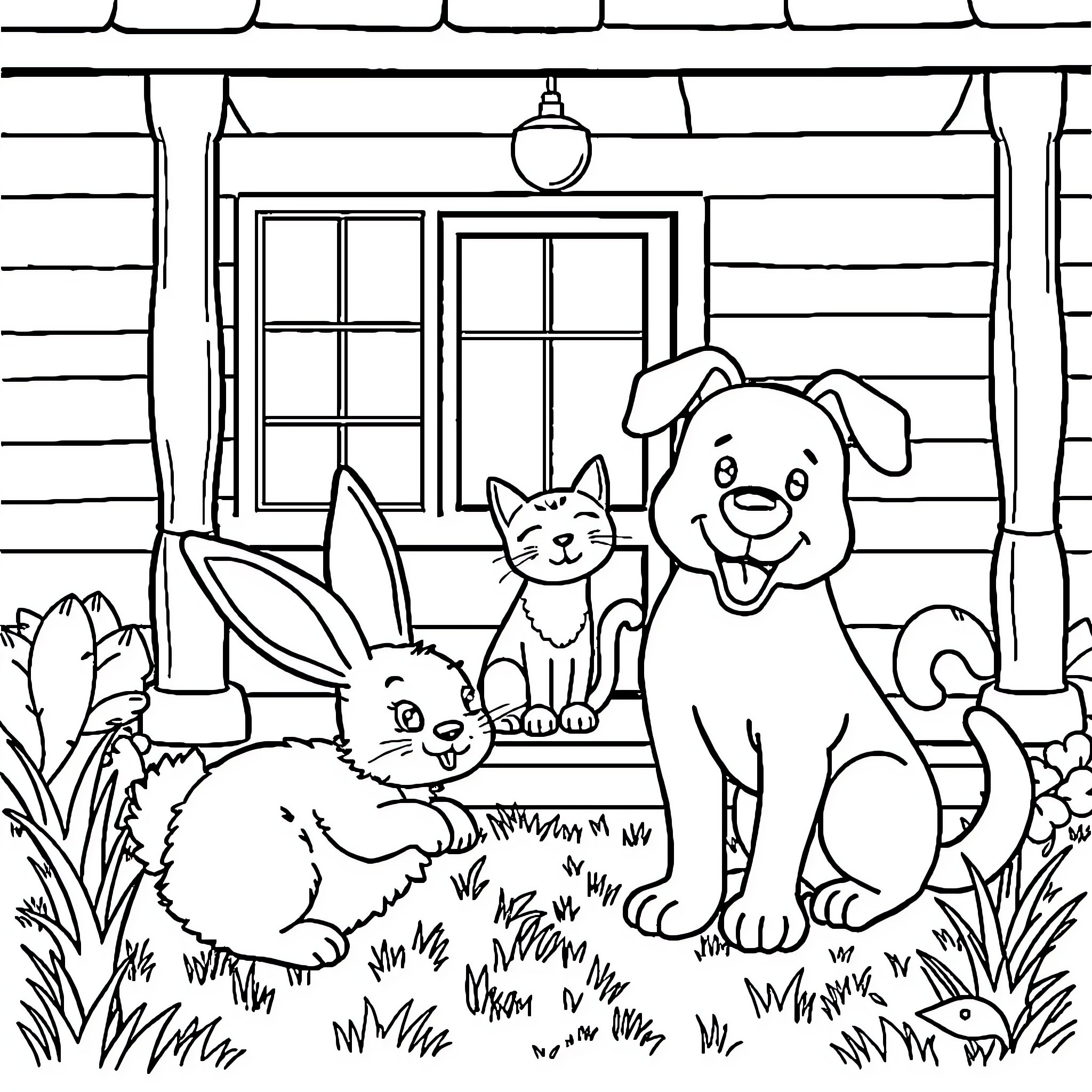 Animal friends on a cozy porch Coloring Page (free black-and-white line drawing printable PDF for all, from beginners to advanced learners, including children, teens, adults, and seniors)