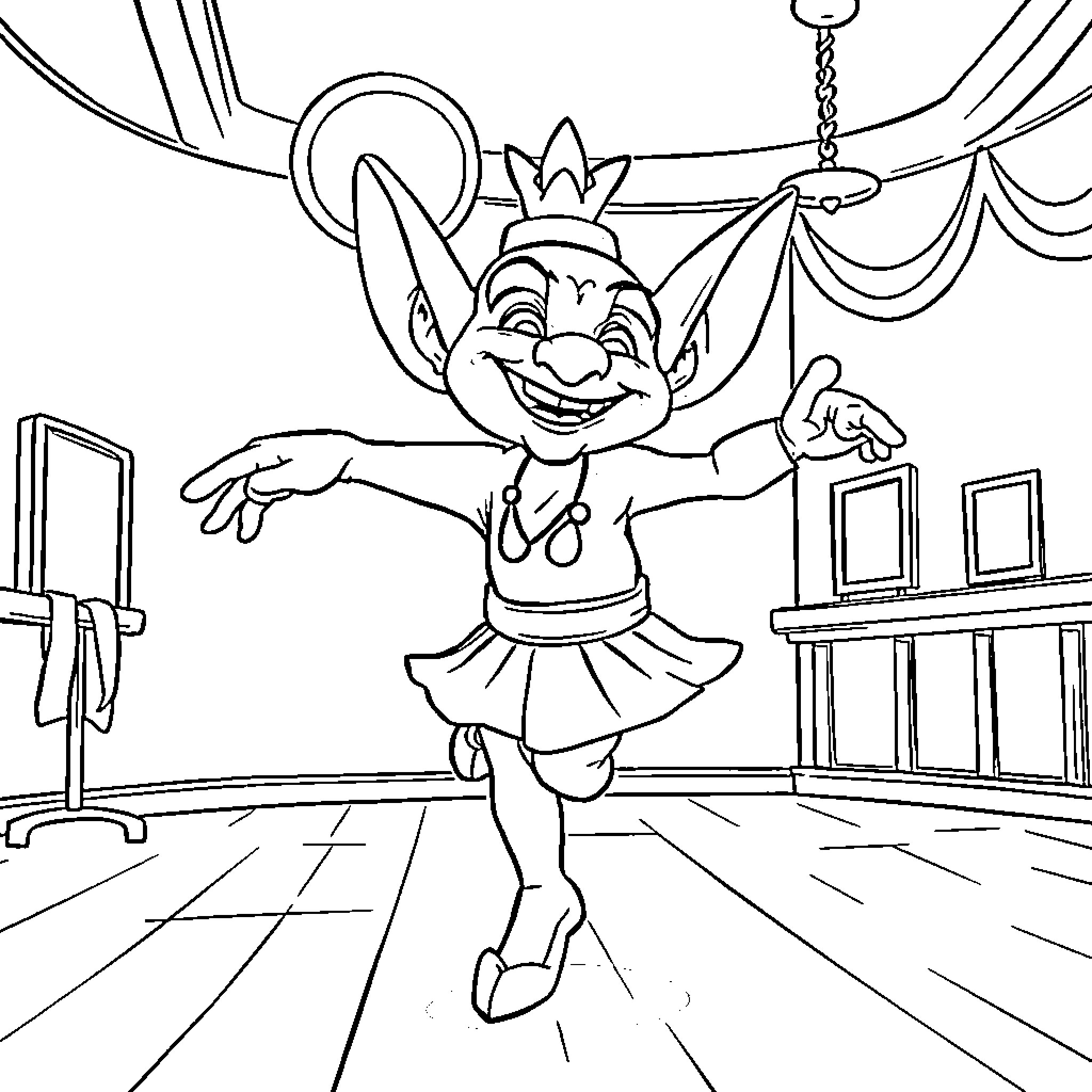 Goblin dancer joyfully performing on stage Coloring Page (free black-and-white line drawing printable PDF for all, from beginners to advanced learners, including children, teens, adults, and seniors)
