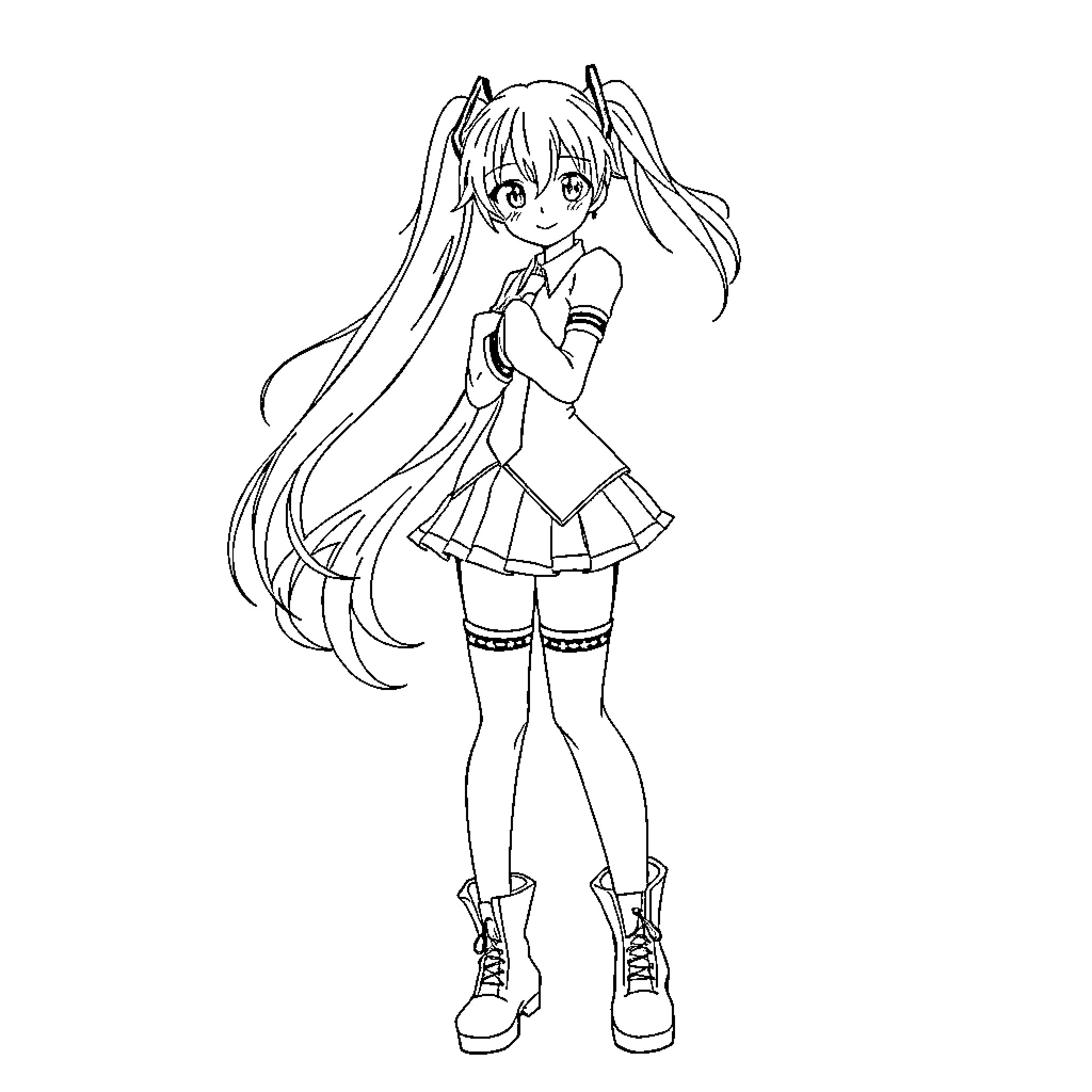 Hatsune Miku in a Cheerful Outfit and Pose Coloring Page (free black-and-white line drawing printable PDF for all, from beginners to advanced learners, including children, teens, adults, and seniors)