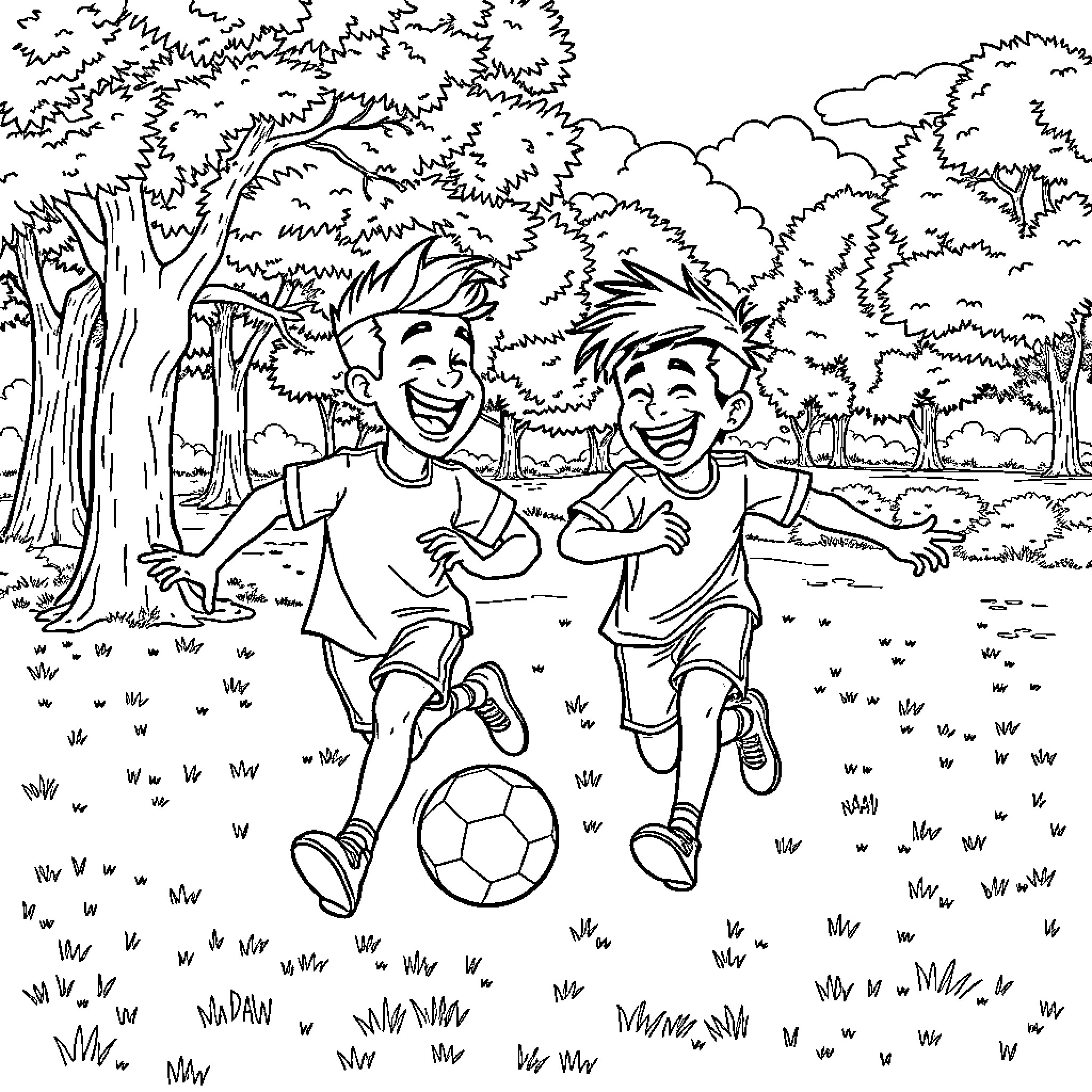 Dagar Kids Playing Soccer in the Forest Coloring Page (free black-and-white line drawing printable PDF for all, from beginners to advanced learners, including children, teens, adults, and seniors)