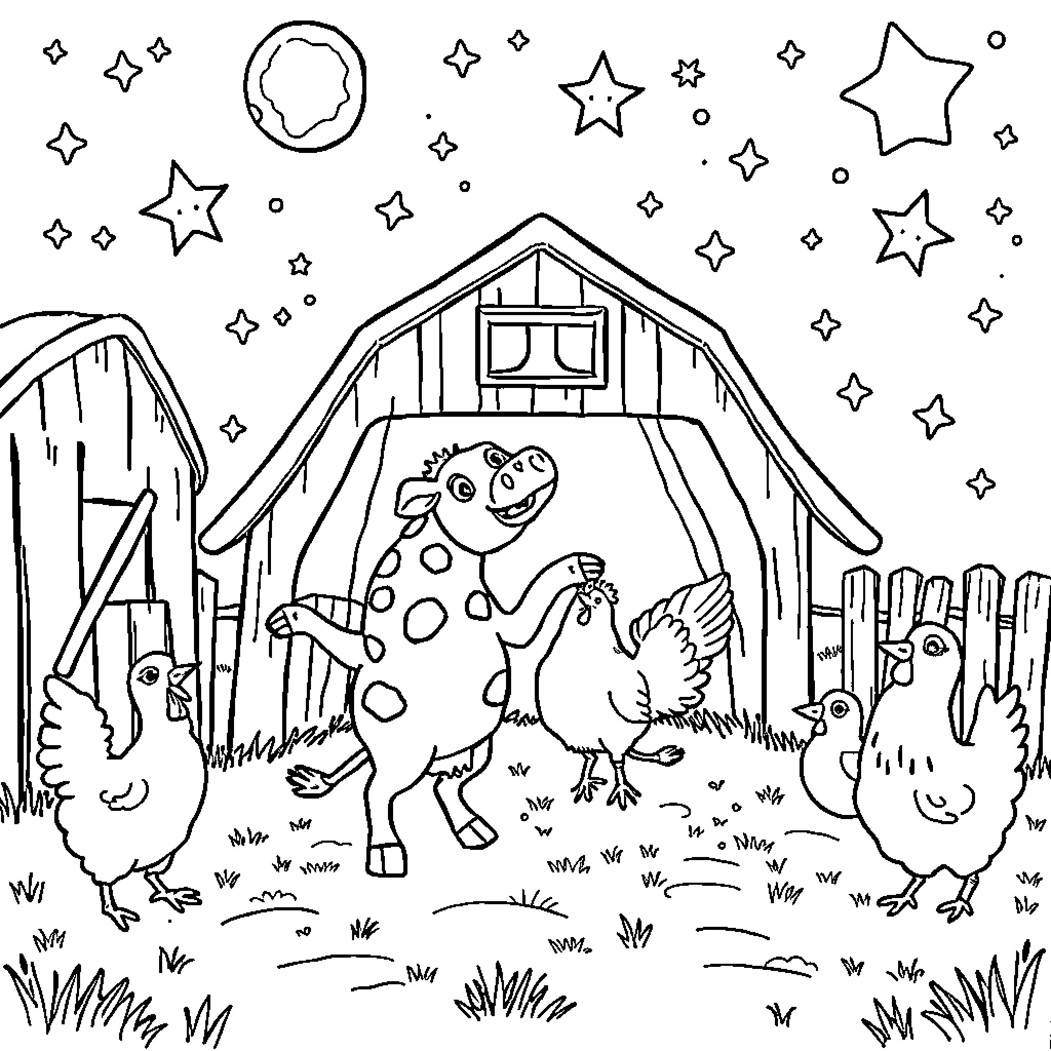 Farm Animal Friends Gather Under the Stars Coloring Page (free black-and-white line drawing printable PDF for all, from beginners to advanced learners, including children, teens, adults, and seniors)