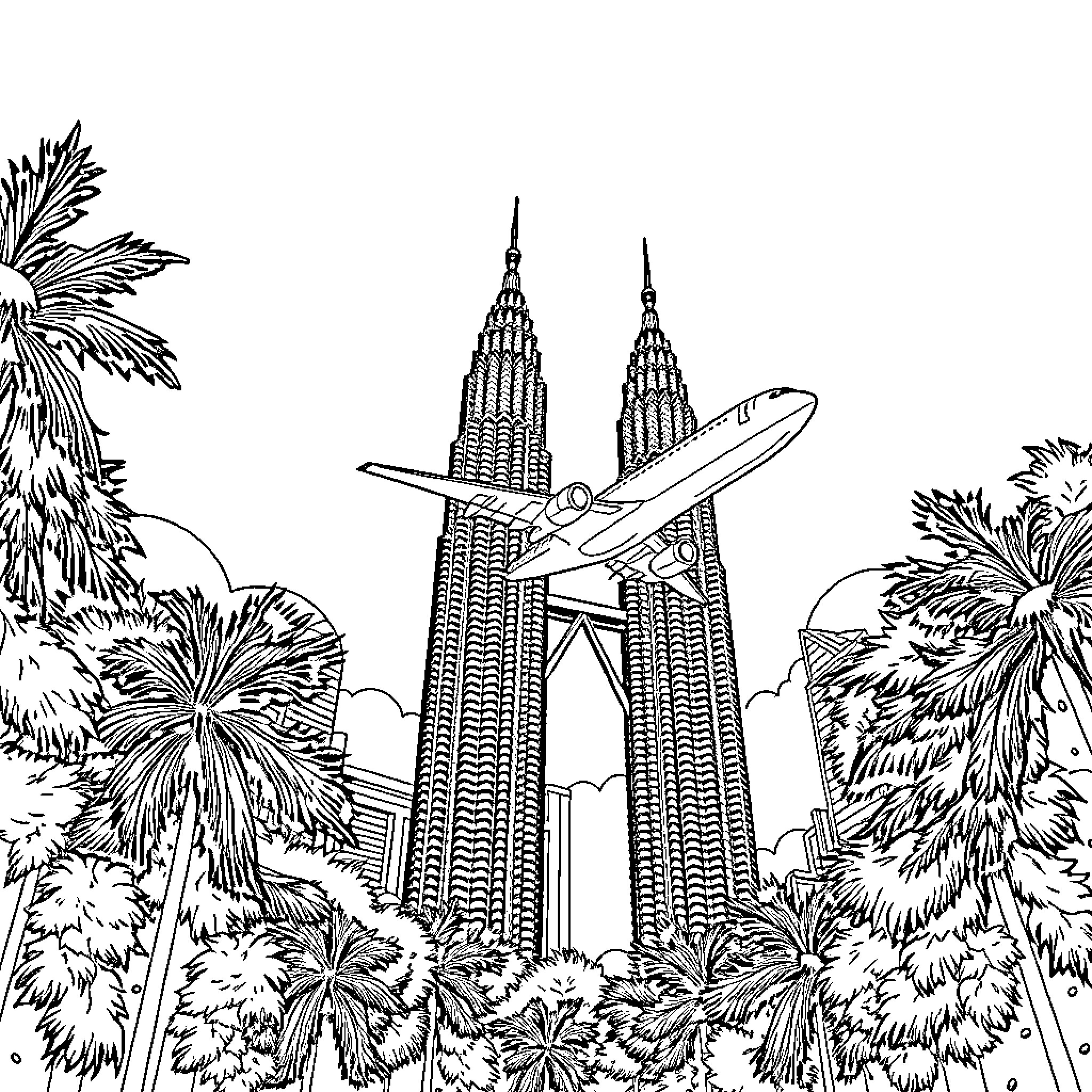 Airplane Soaring over Iconic Skyscrapers and Tropical Foliage Coloring Page (free black-and-white line drawing printable PDF for all, from beginners to advanced learners, including children, teens, adults, and seniors)
