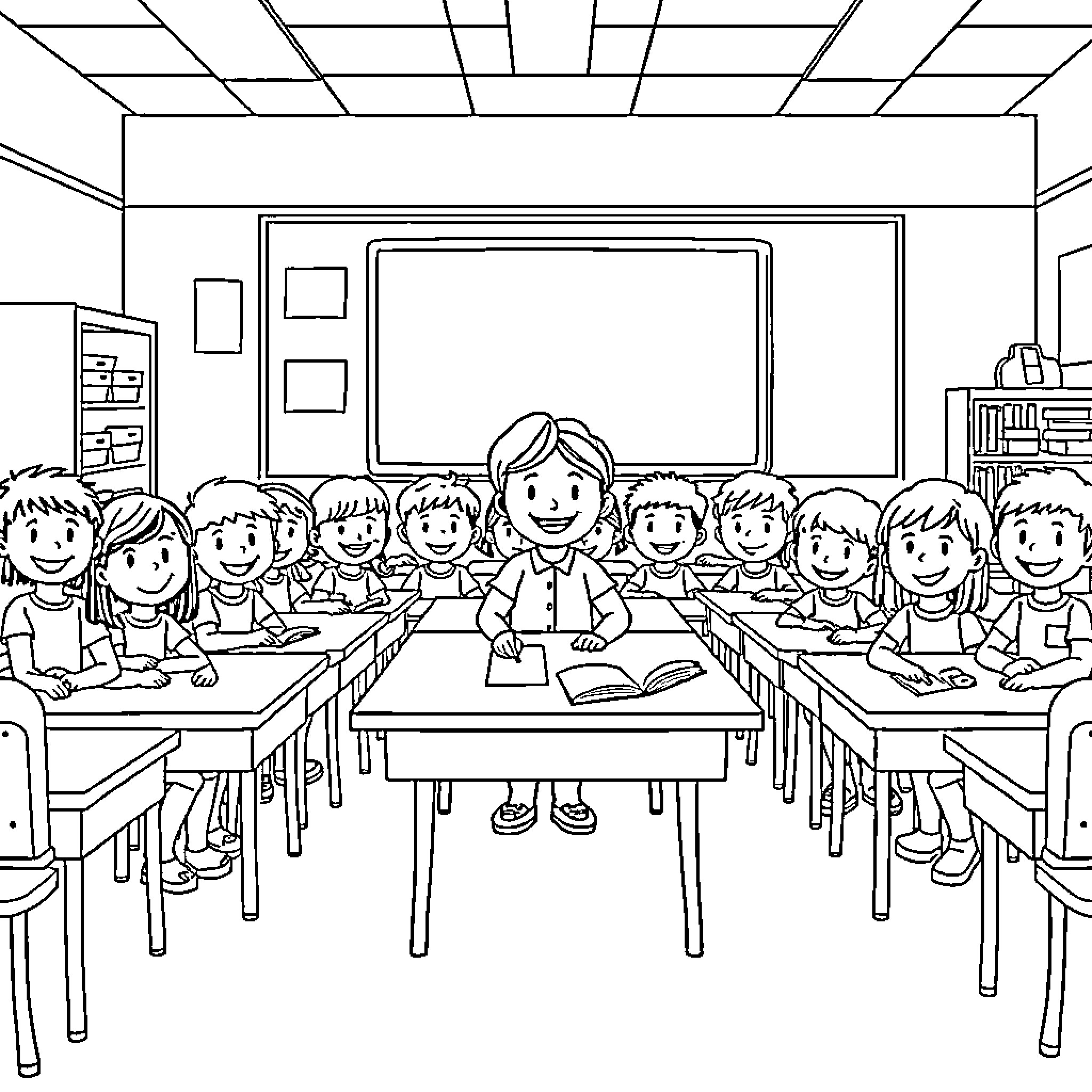 Students at work in a classroom Coloring Page (free black-and-white line drawing printable PDF for all, from beginners to advanced learners, including children, teens, adults, and seniors)