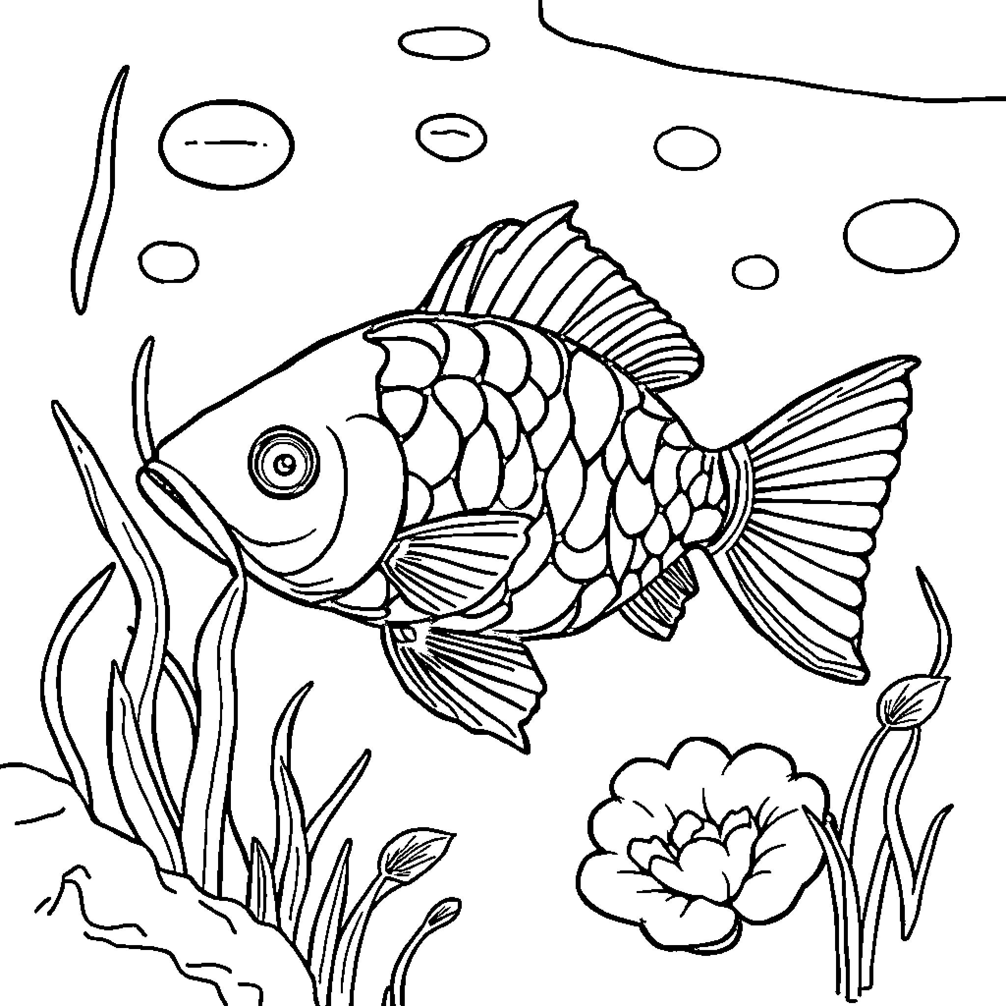 Fish swimming with floral decorations Coloring Page (free black-and-white line drawing printable PDF for all, from beginners to advanced learners, including children, teens, adults, and seniors)