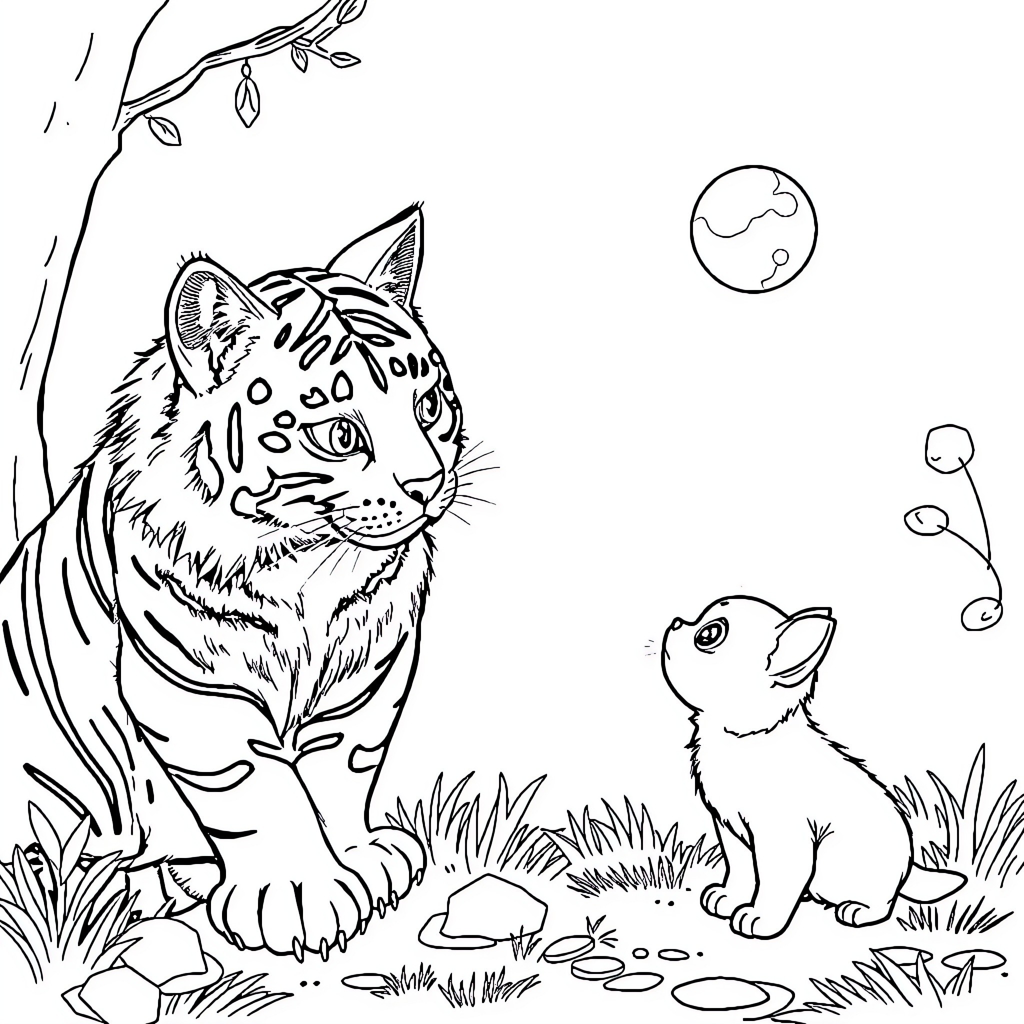 Chat between a cat and a puppy in nature Coloring Page (free black-and-white line drawing printable PDF for all, from beginners to advanced learners, including children, teens, adults, and seniors)