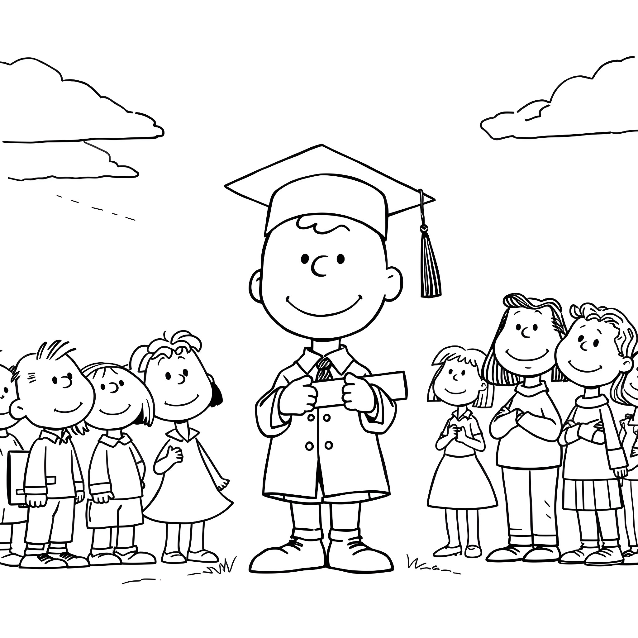 Charlie Brown's graduation celebration with friends Coloring Page (free black-and-white line drawing printable PDF for all, from beginners to advanced learners, including children, teens, adults, and seniors)