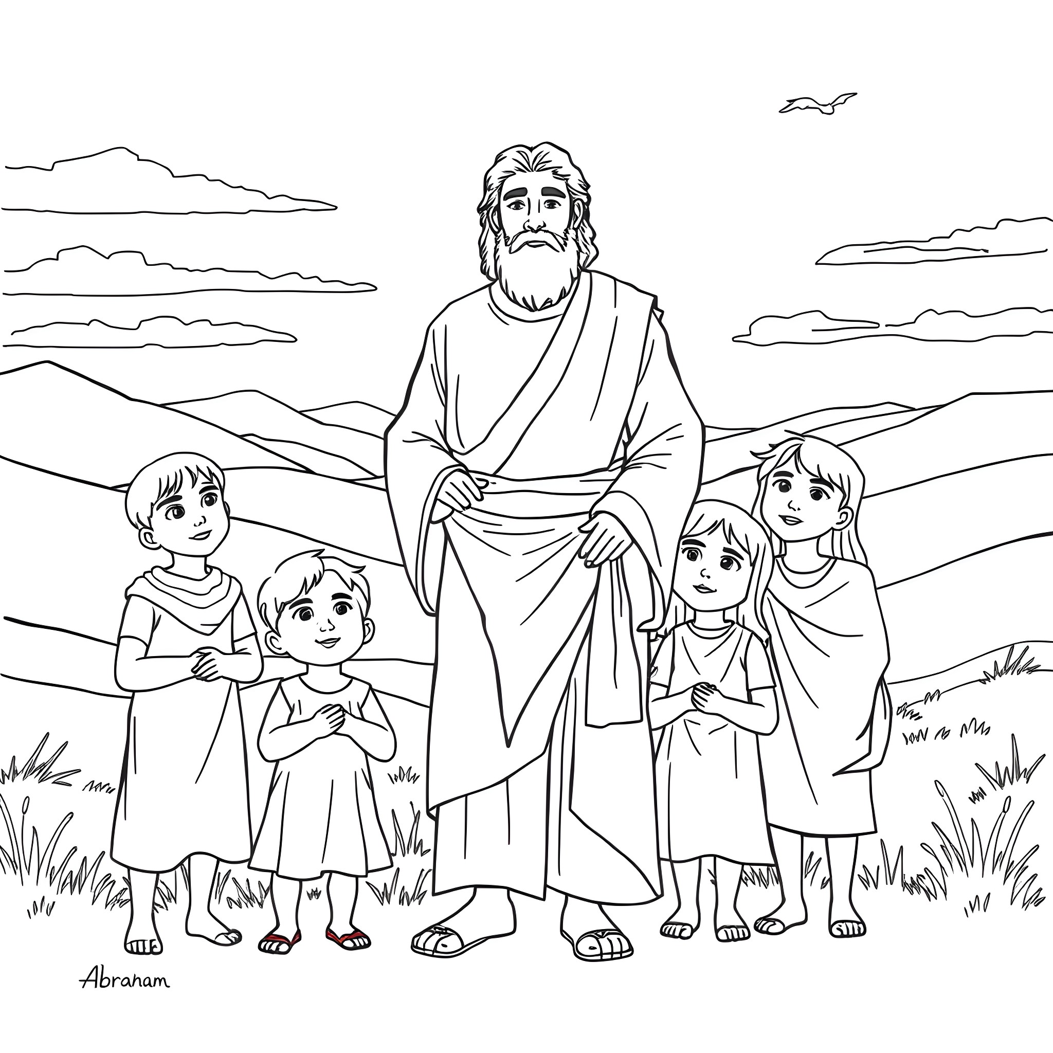 Abraham teaching children in the countryside Coloring Page (free black-and-white line drawing printable PDF for all, from beginners to advanced learners, including children, teens, adults, and seniors)