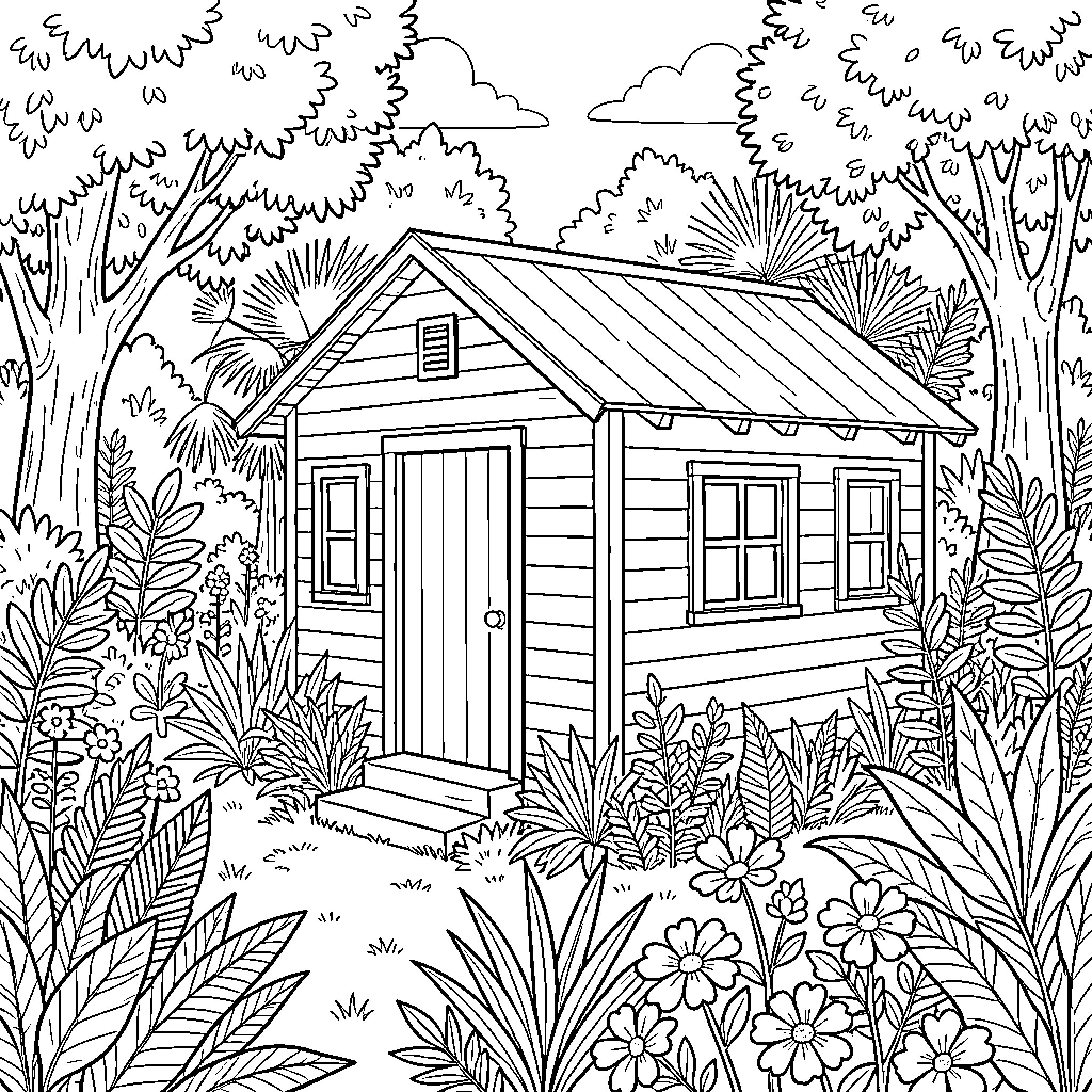 Cabin nestled among lush tropical plants and trees Coloring Page (free black-and-white line drawing printable PDF for all, from beginners to advanced learners, including children, teens, adults, and seniors)