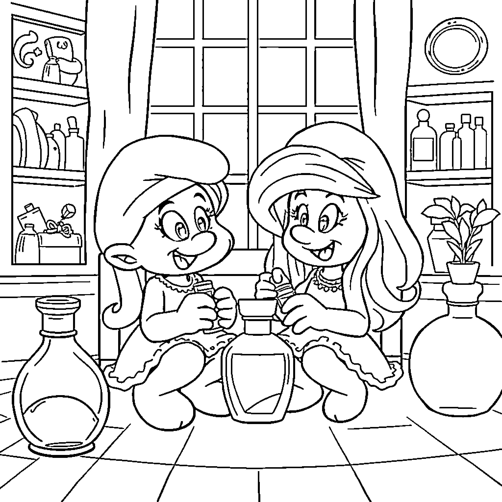 Ms. Piggie having fun with friends in the kitchen Coloring Page (free black-and-white line drawing printable PDF for all, from beginners to advanced learners, including children, teens, adults, and seniors)