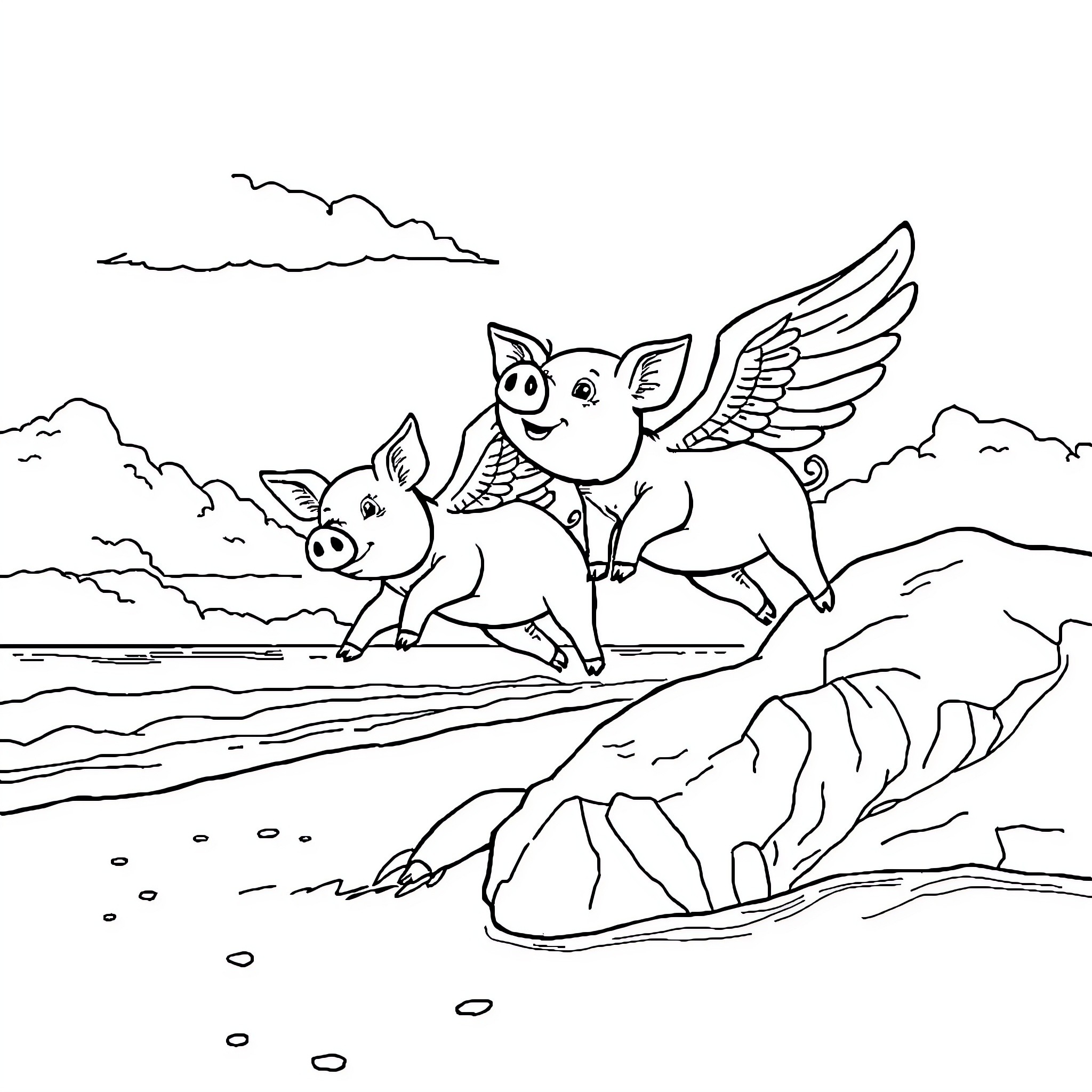 Pig with wings flying over a rocky landscape Coloring Page (free black-and-white line drawing printable PDF for all, from beginners to advanced learners, including children, teens, adults, and seniors)