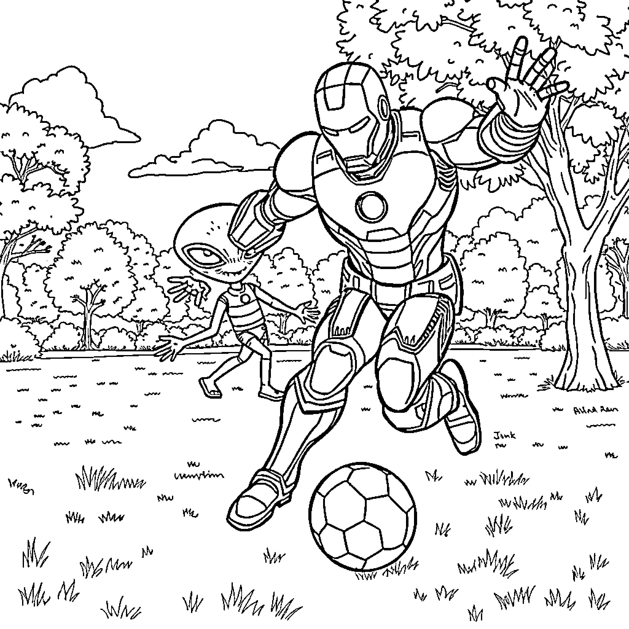 Iron Man playing soccer in the forest Coloring Page (free black-and-white line drawing printable PDF for all, from beginners to advanced learners, including children, teens, adults, and seniors)