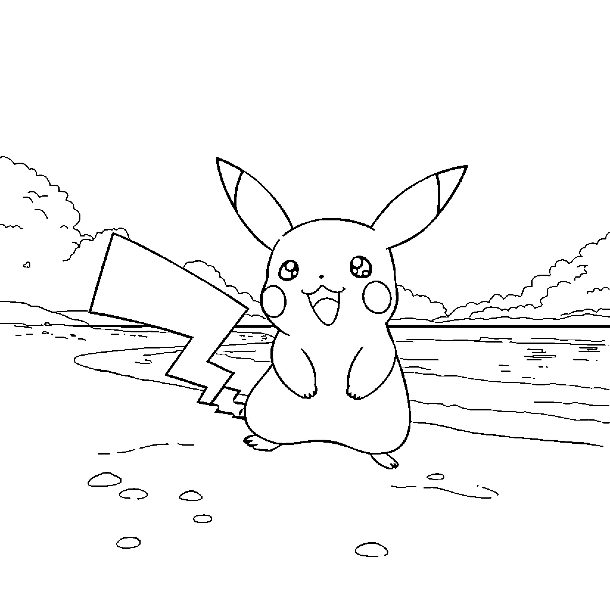 Pikachu enjoying a day at the beach Coloring Page (free black-and-white line drawing printable PDF for all, from beginners to advanced learners, including children, teens, adults, and seniors)