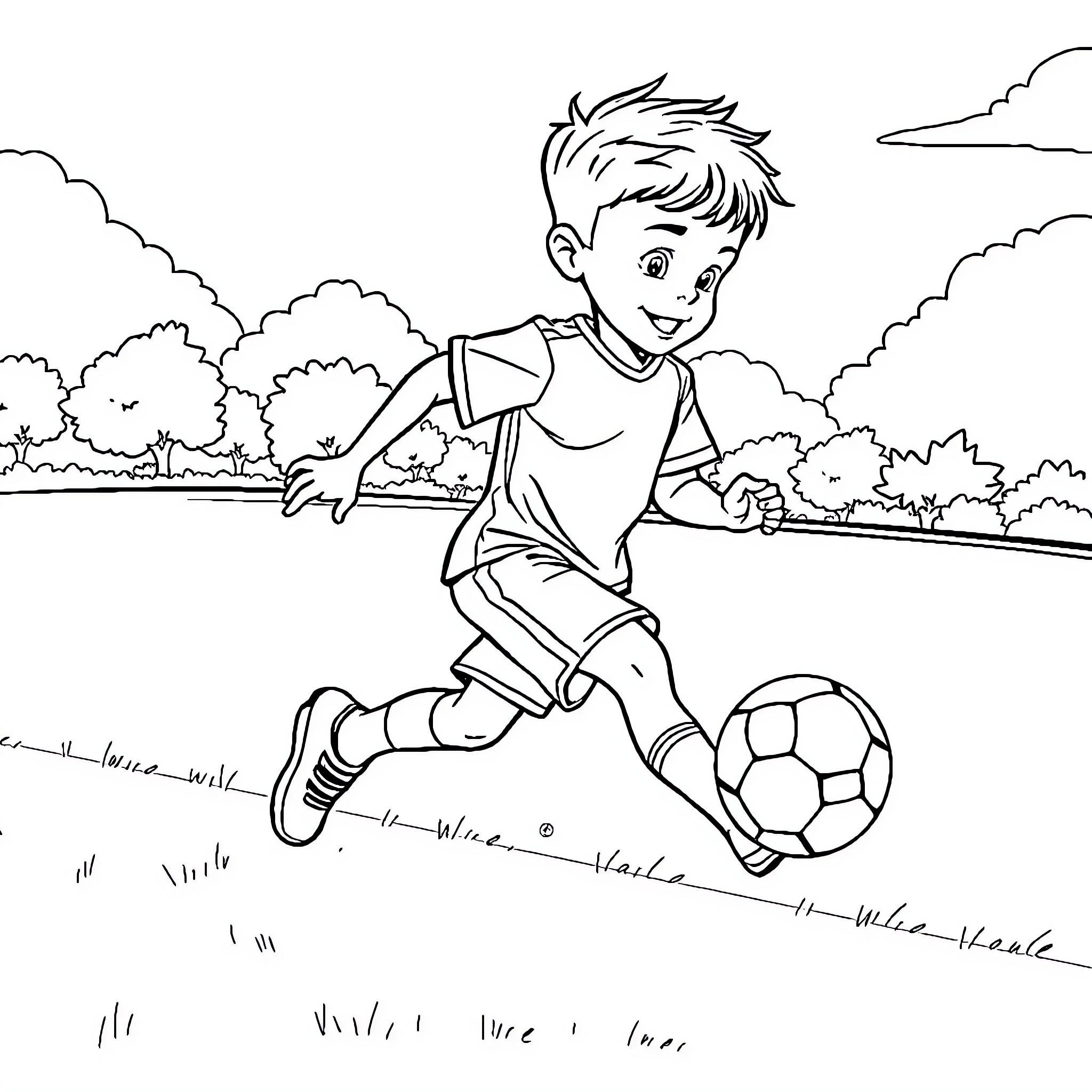Niño playing soccer joyfully in the park Coloring Page (free black-and-white line drawing printable PDF for all, from beginners to advanced learners, including children, teens, adults, and seniors)