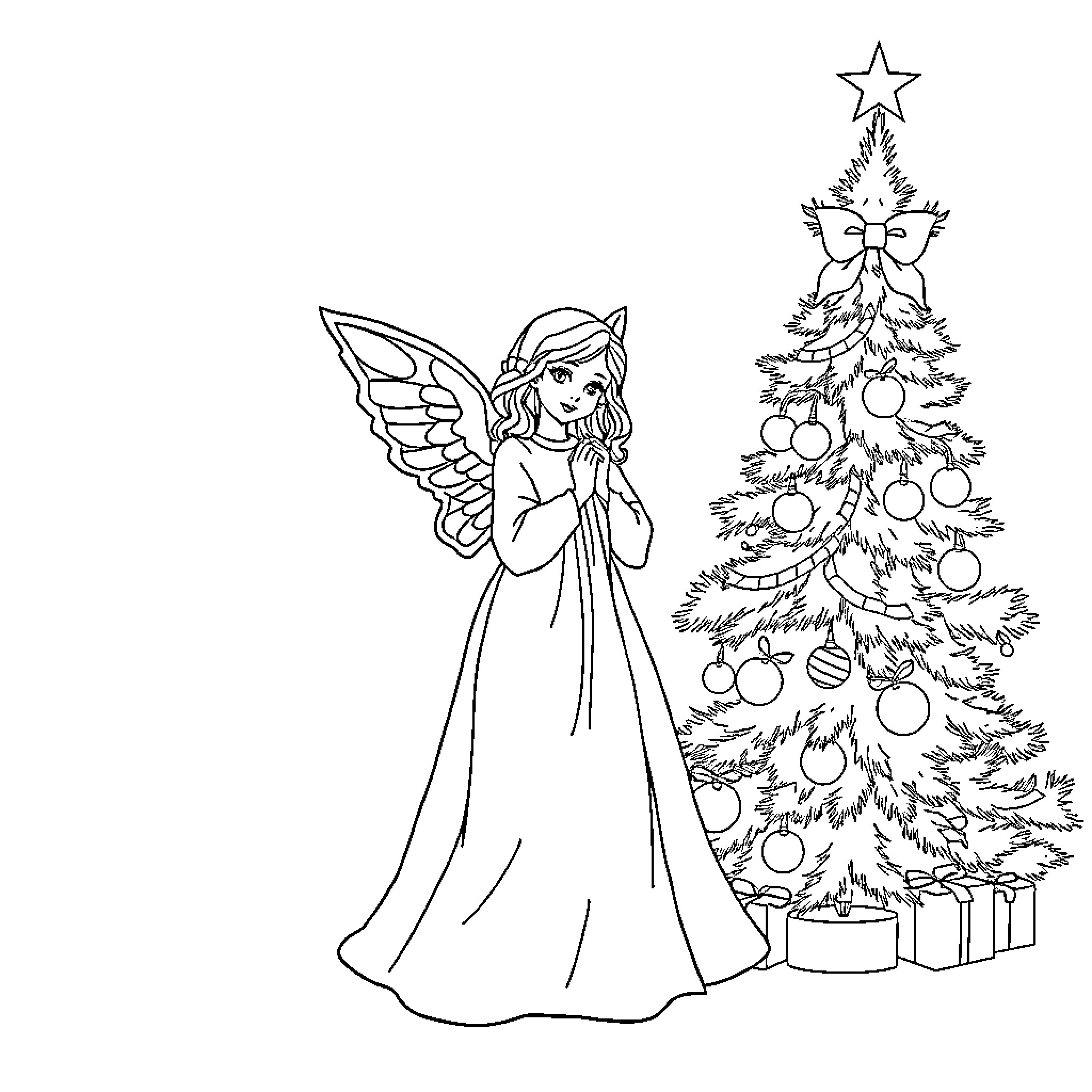 Angel Decorating Christmas Tree with Joy Coloring Page (free black-and-white line drawing printable PDF for all, from beginners to advanced learners, including children, teens, adults, and seniors)