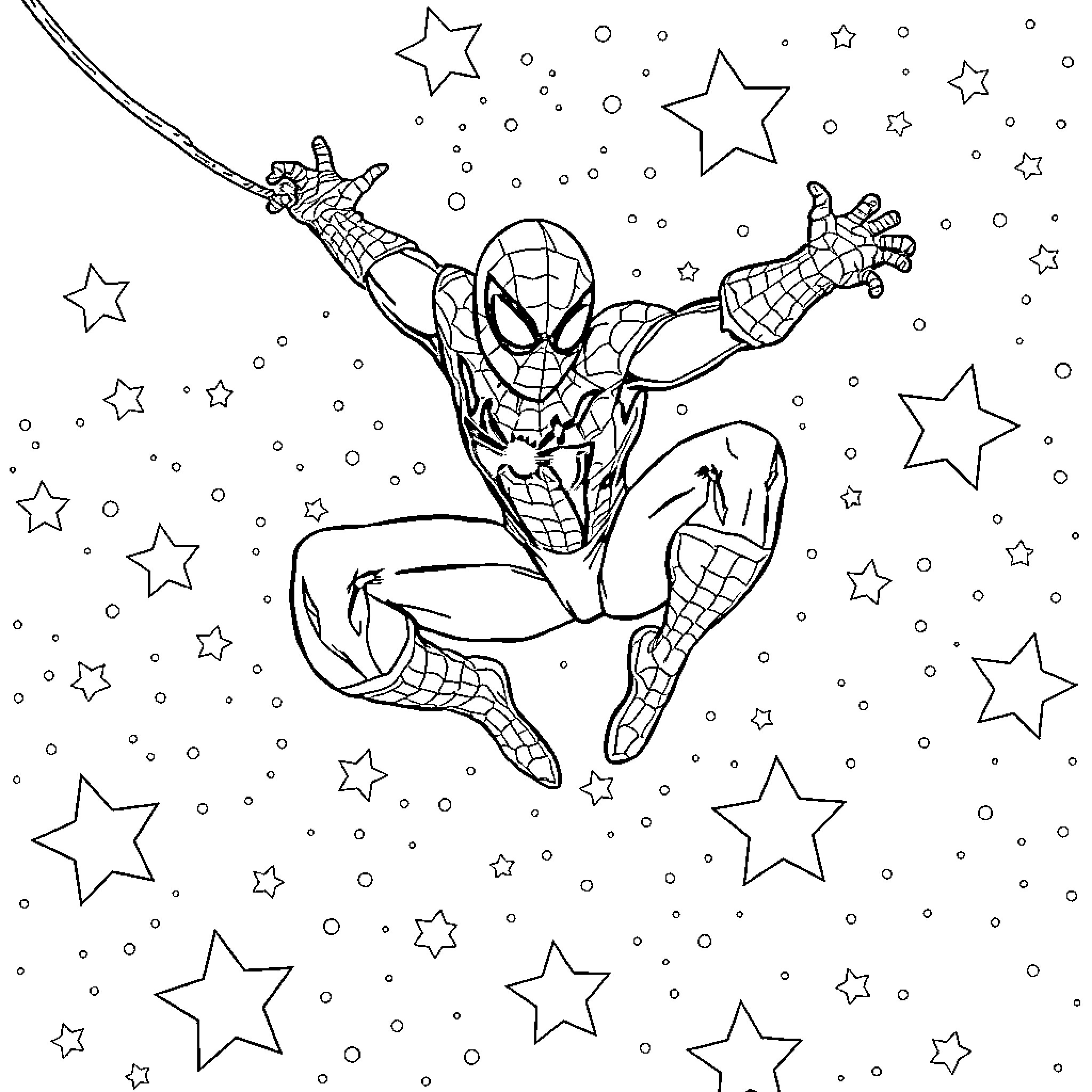 Spiderman swinging through the starry night sky Coloring Page (free black-and-white line drawing printable PDF for all, from beginners to advanced learners, including children, teens, adults, and seniors)