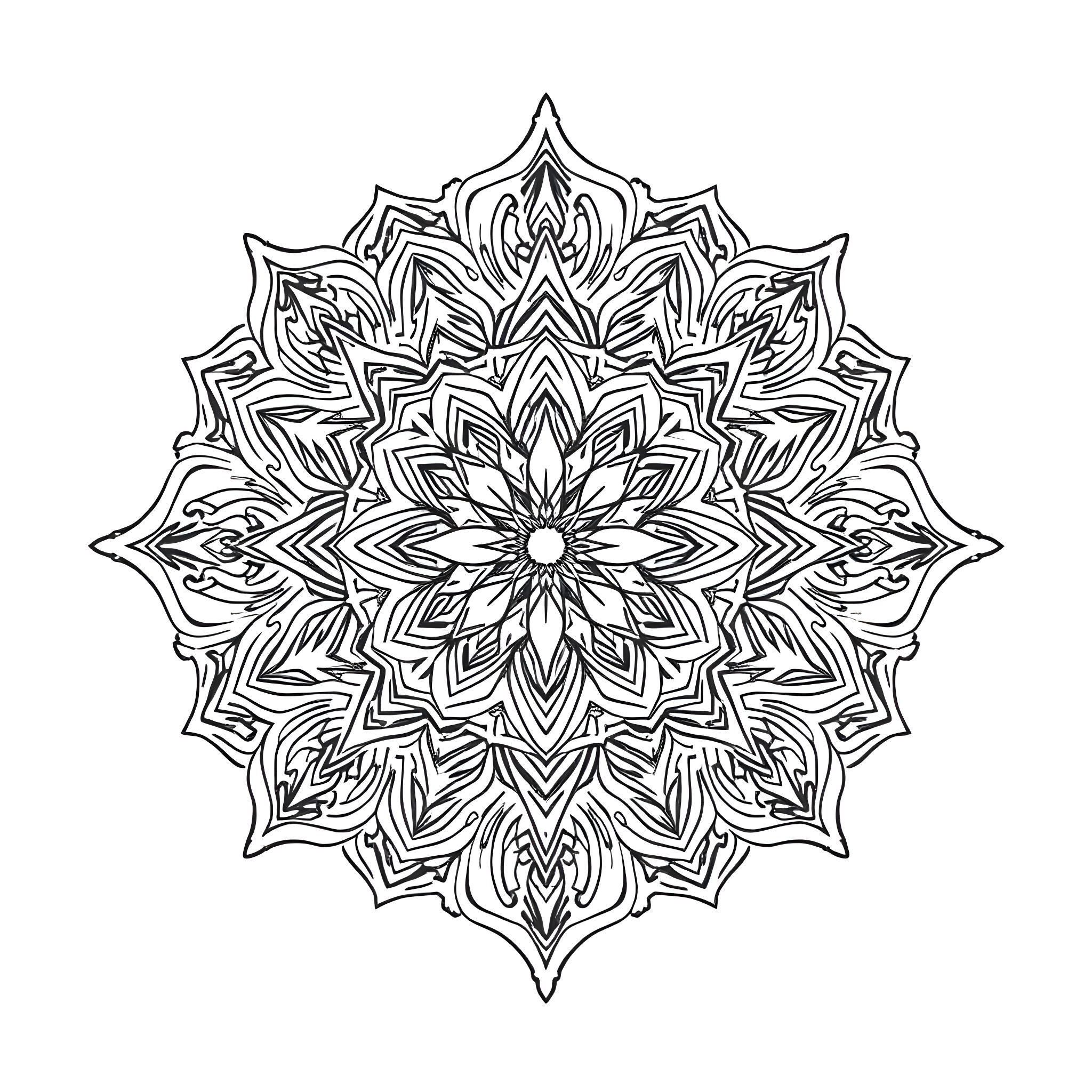 Geometric Mandala Illustration Coloring Page (free black-and-white line drawing printable PDF for all, from beginners to advanced learners, including children, teens, adults, and seniors)