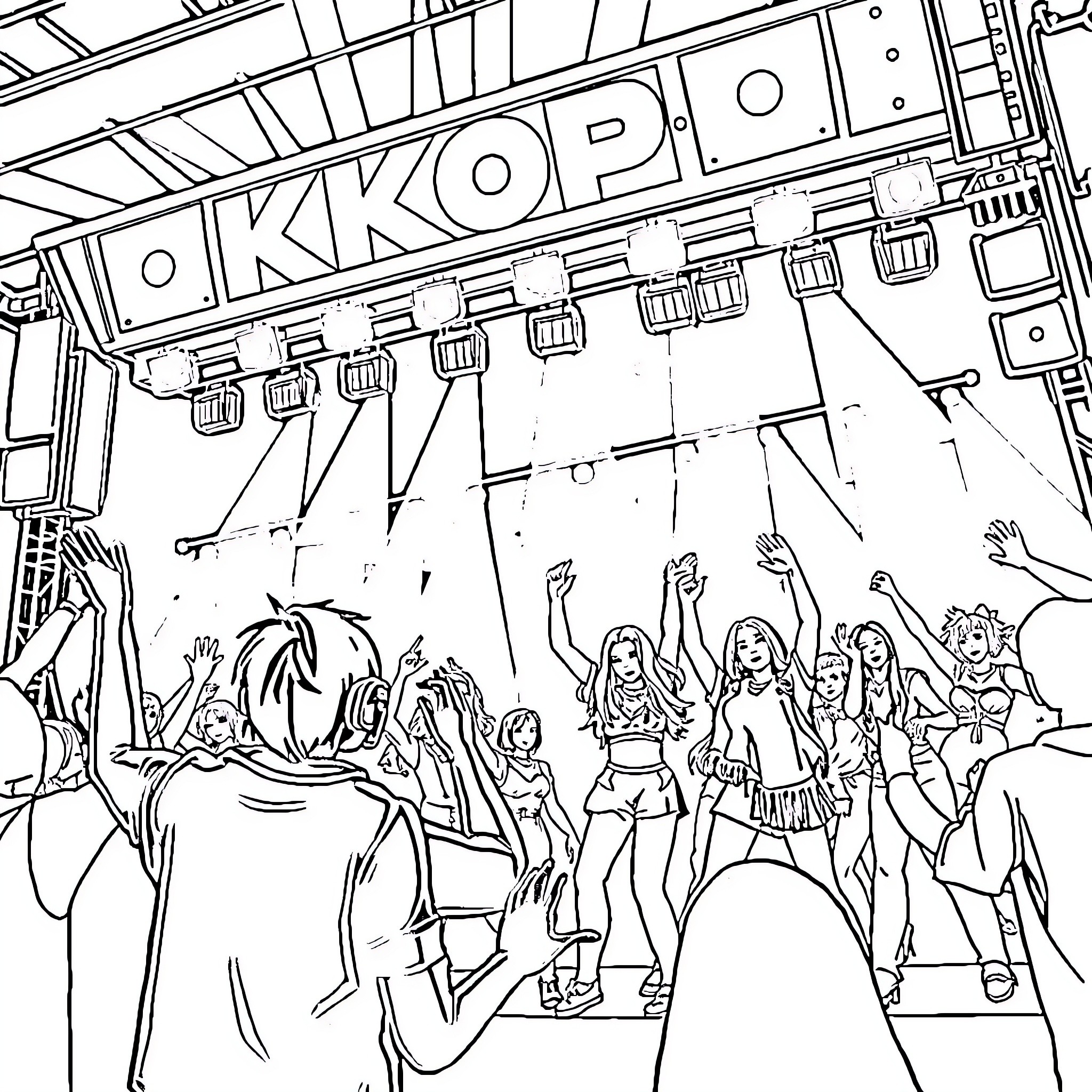 K Pop Concert with Energetic Performers and Enthusiastic Fans Coloring Page (free black-and-white line drawing printable PDF for all, from beginners to advanced learners, including children, teens, adults, and seniors)