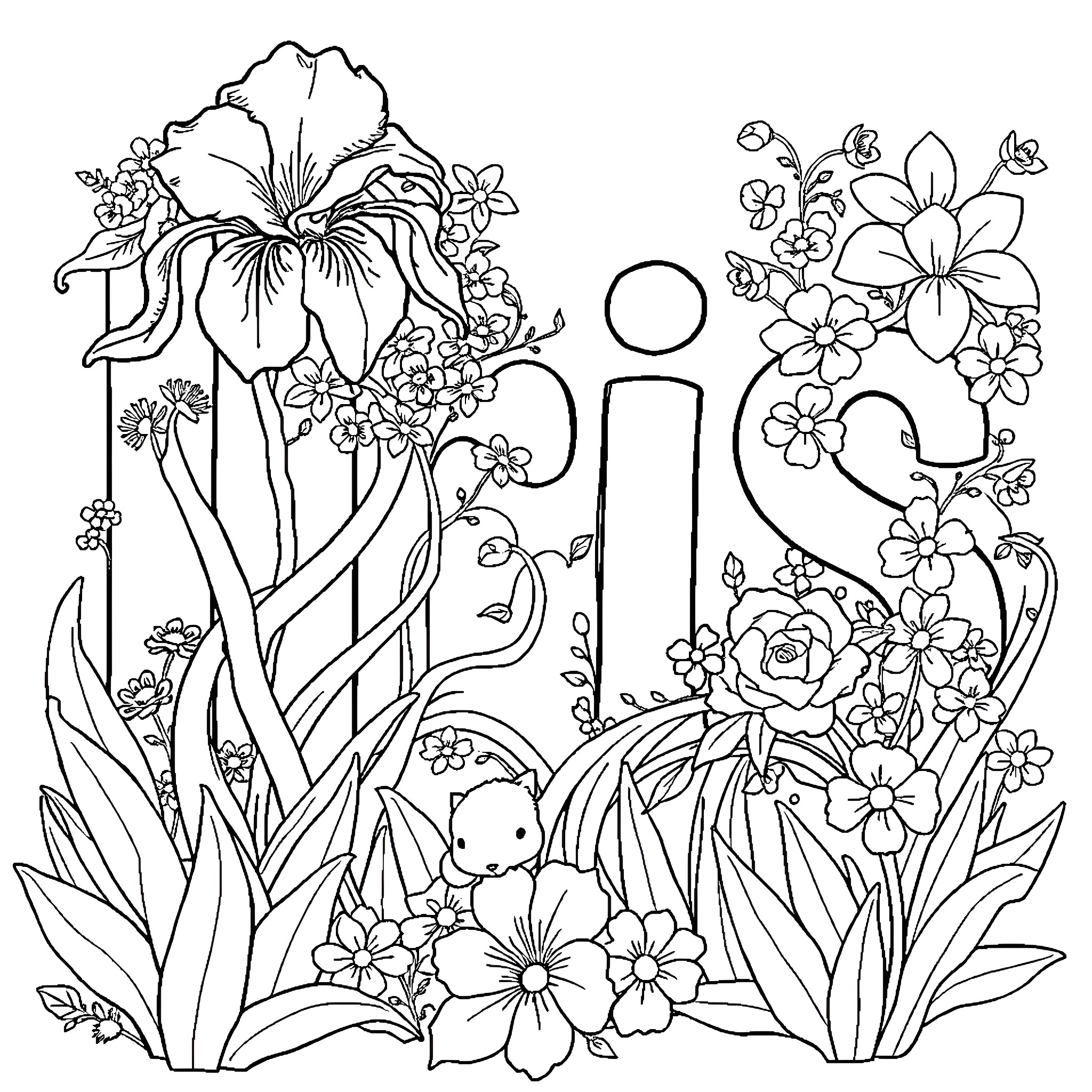 Iris Flower Garden with Whimsical Elements Coloring Page (free black-and-white line drawing printable PDF for all, from beginners to advanced learners, including children, teens, adults, and seniors)