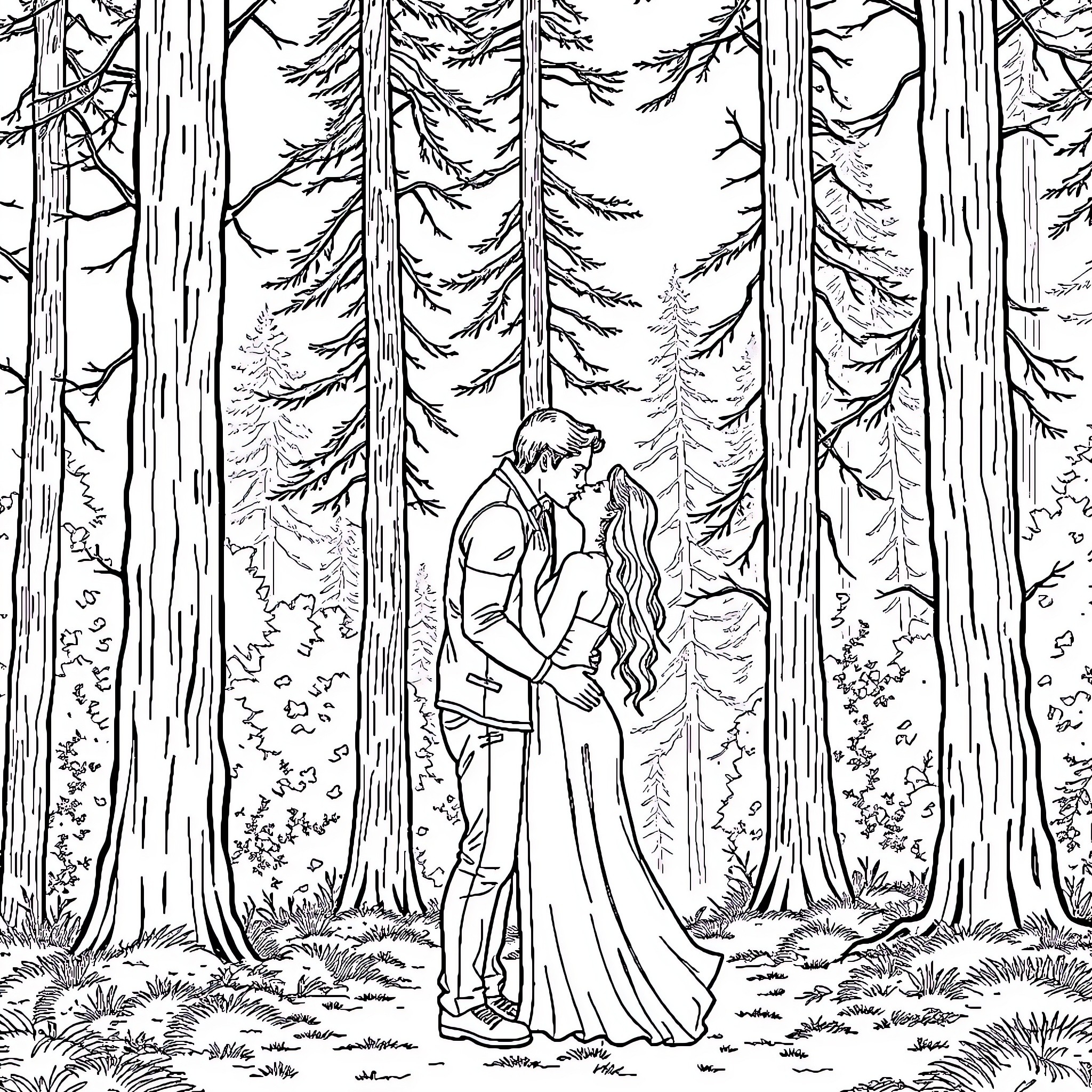 Man and woman embracing in a woodland setting Coloring Page (free black-and-white line drawing printable PDF for all, from beginners to advanced learners, including children, teens, adults, and seniors)