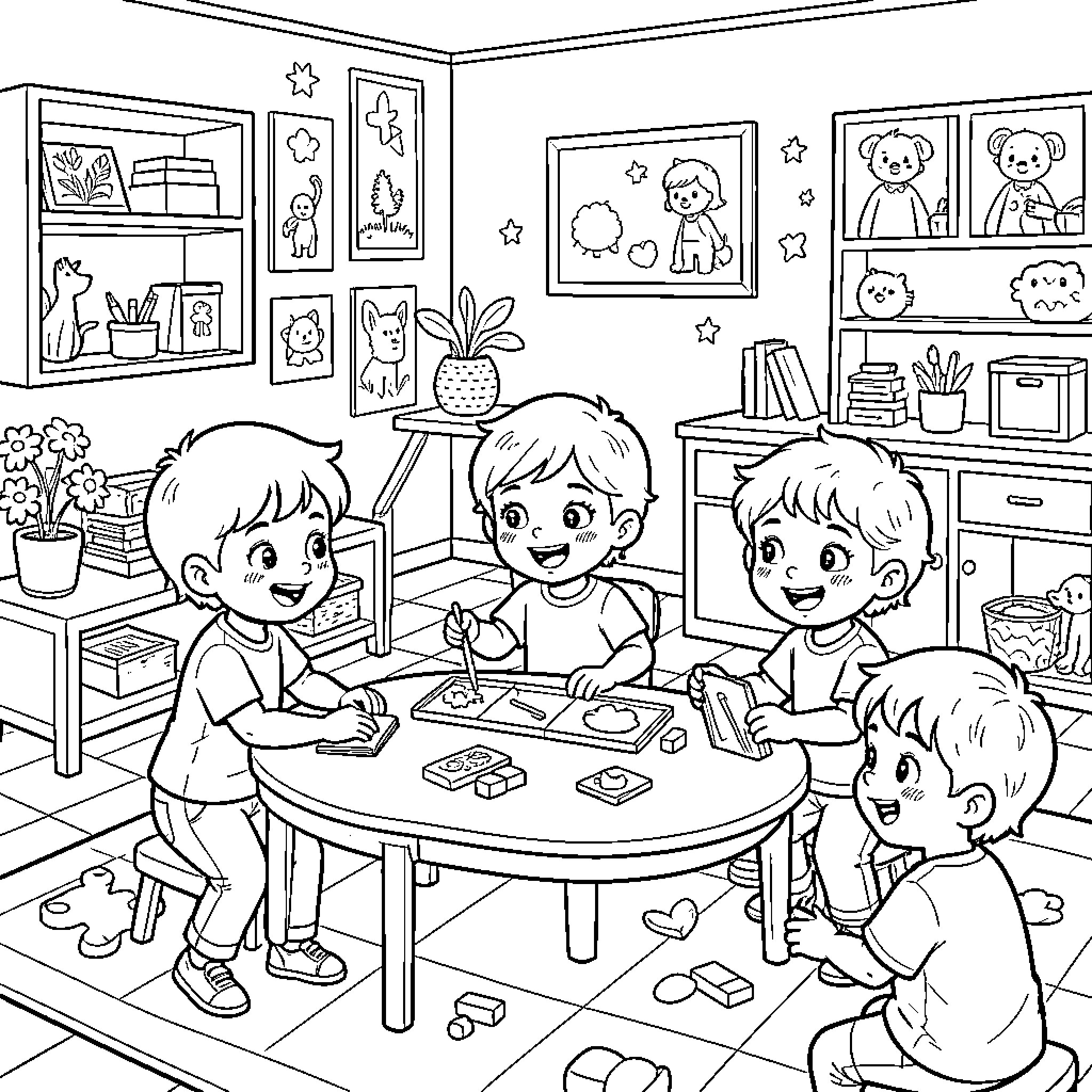 Class of children playing together around a table Coloring Page (free black-and-white line drawing printable PDF for all, from beginners to advanced learners, including children, teens, adults, and seniors)